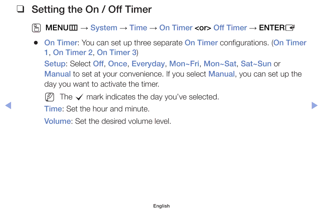 Samsung UE32F4000AWXBT manual Setting the On / Off Timer, OO MENUm → System → Time → On Timer or Off Timer → Entere 