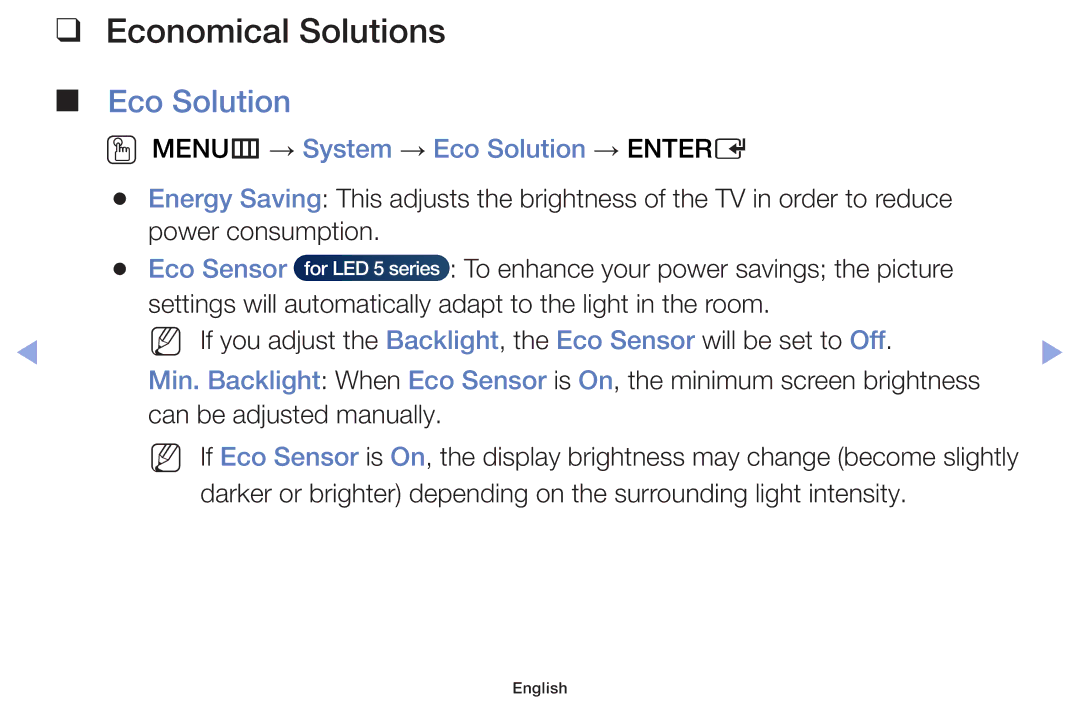 Samsung UE32F6400AKXXU, UE46F5000AWXXH, UE46F5070SSXZG Economical Solutions, OO MENUm → System → Eco Solution → Entere 