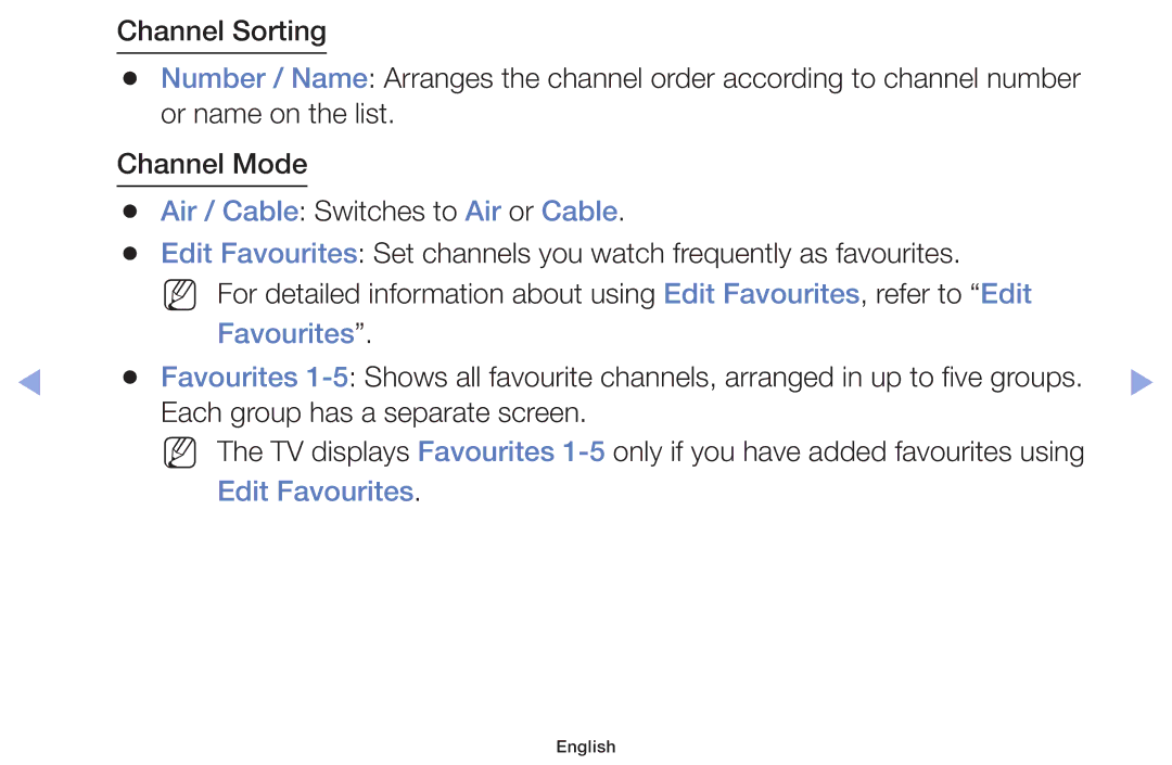 Samsung UE42F5070SSXTK, UE46F5000AWXXH, UE46F5070SSXZG, UE46F5070SSXTK manual Air / Cable Switches to Air or Cable, Favourites 