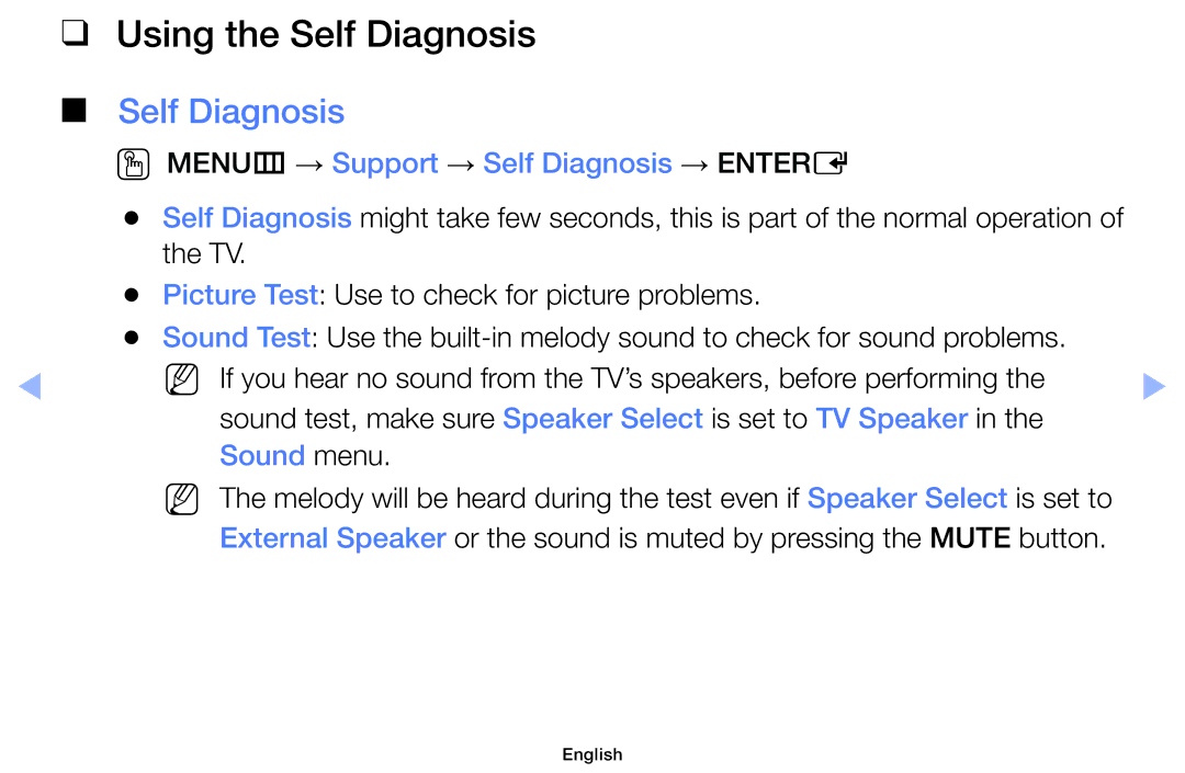 Samsung UE39F5020AKXRU, UE46F5000AWXXH Using the Self Diagnosis, OO MENUm → Support → Self Diagnosis → Entere, Sound menu 