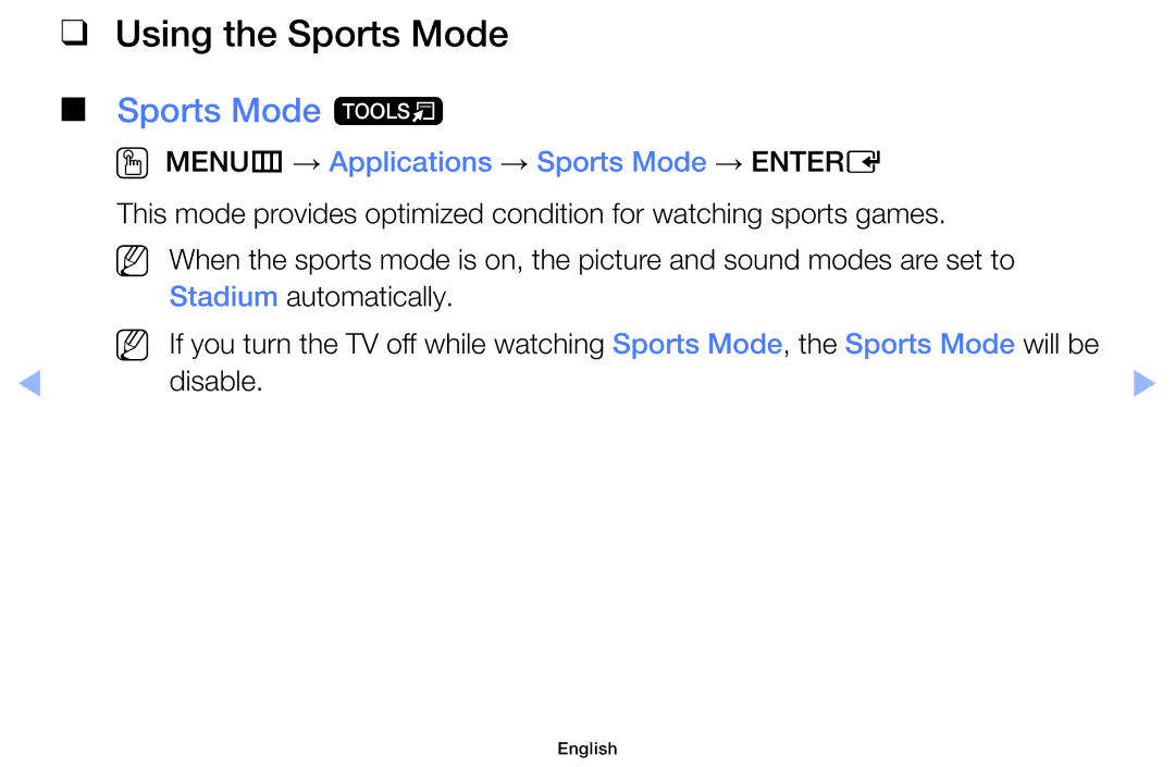 Samsung UE46F5070SSXTK manual Using the Sports Mode, Sports Mode t, OO MENUm → Applications → Sports Mode → Entere 