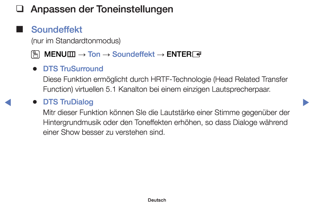Samsung UE40F5070SSXZG Anpassen der Toneinstellungen, OO MENUm → Ton → Soundeffekt → ENTERE, DTS TruSurround, Deutsch 