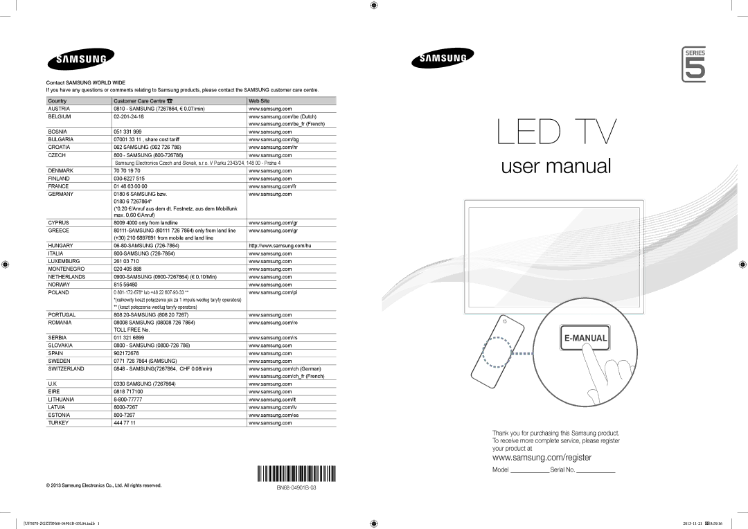 Samsung UE46F5070SSXZG manual Samsung 7267864, € 0.07/min, 02-201-24-18, 051 331, 07001 33 11 , share cost tariff, 261 03 