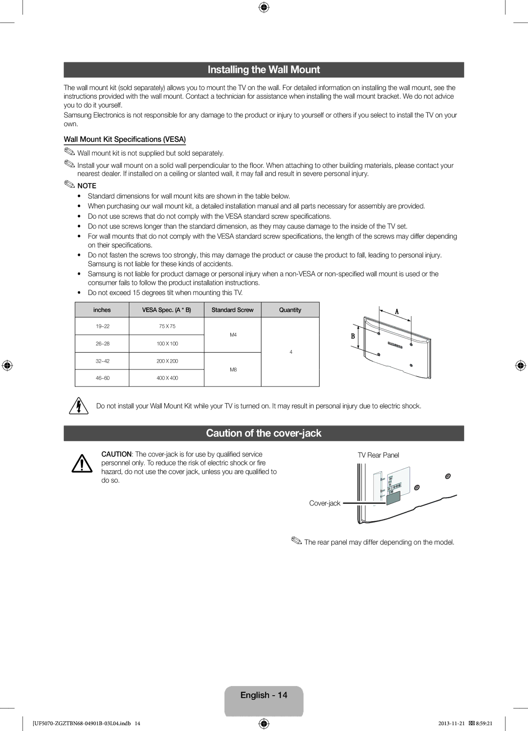 Samsung UE46F5000AWXBT, UE46F5000AWXXH, UE46F5070SSXZG manual Installing the Wall Mount, Wall Mount Kit Specifications Vesa 