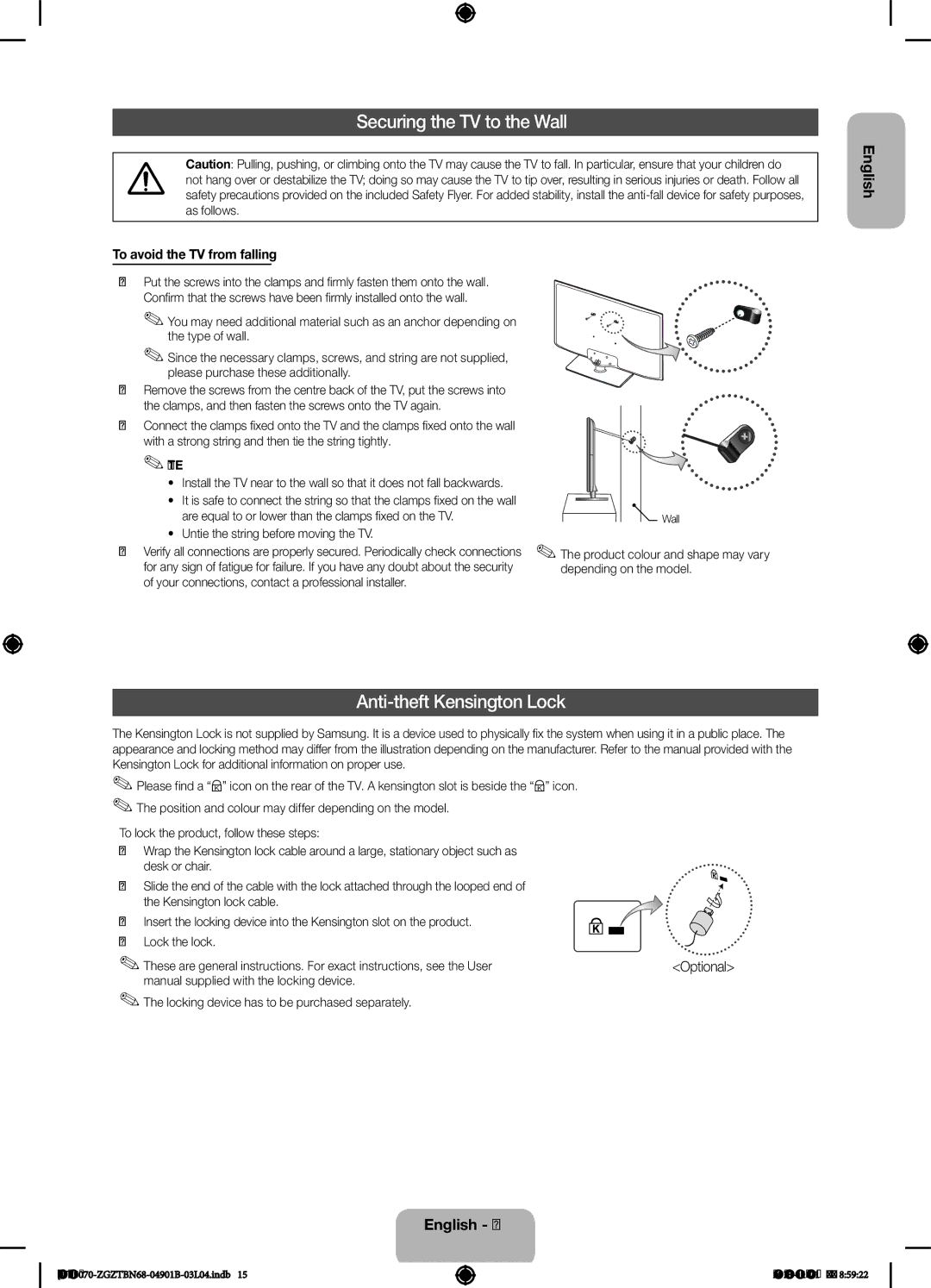 Samsung UE46F5000AWXXH manual Securing the TV to the Wall, Anti-theft Kensington Lock, To avoid the TV from falling 