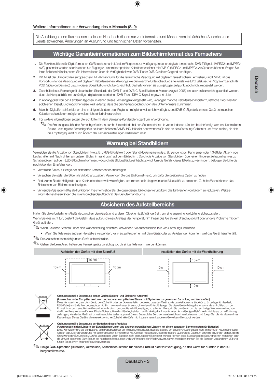 Samsung UE46F5000AWXZG, UE46F5000AWXXH, UE46F5070SSXZG manual Warnung bei Standbildern, Absichern des Aufstellbereichs 