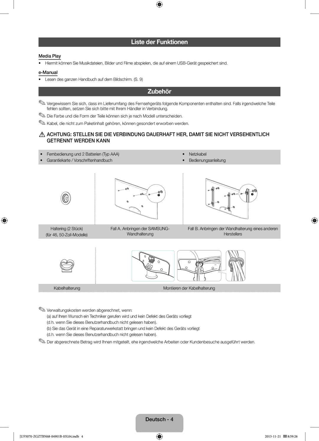 Samsung UE32F5070SSXTK Liste der Funktionen, Zubehör, Lesen des ganzen Handbuch auf dem Bildschirm. S, Kabelhalterung 