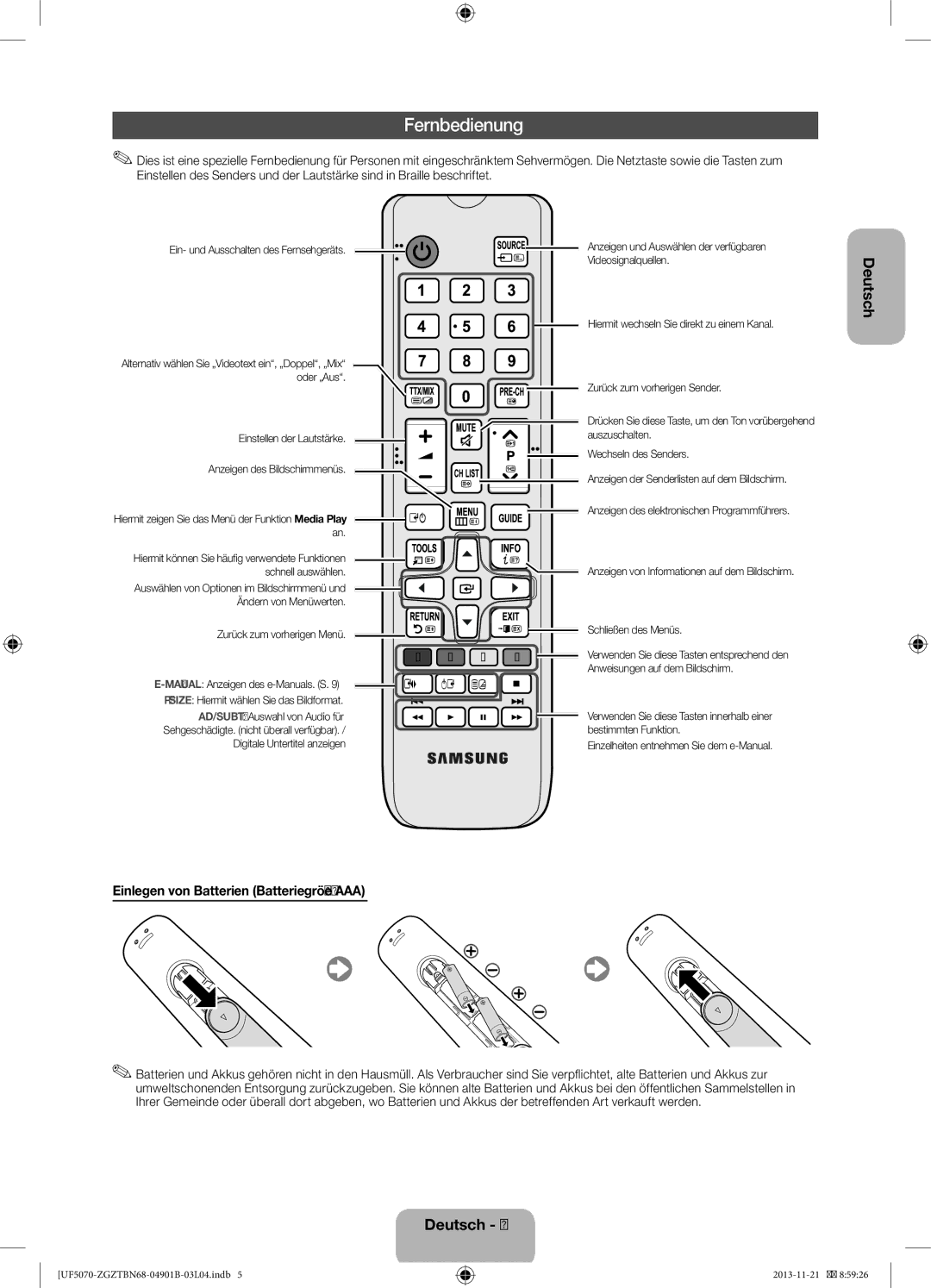 Samsung UE32F5070SSXZG, UE46F5000AWXXH, UE46F5070SSXZG manual Fernbedienung, Einlegen von Batterien Batteriegröße AAA 