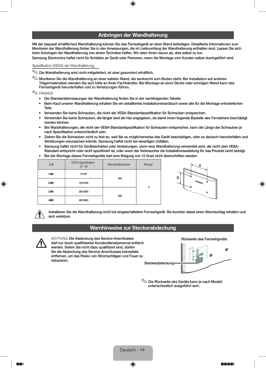 Samsung UE46F5070SSXTK manual Anbringen der Wandhalterung, Warnhinweise zur Steckerabdeckung, Rückseite des Fernsehgeräts 