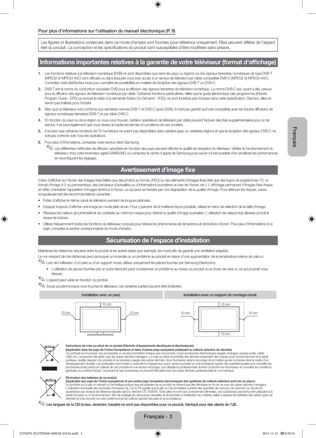 Samsung UE46F5000AWXXN Avertissement d’image fixe, Sécurisation de l’espace d’installation, En reconfigurant les réglages 