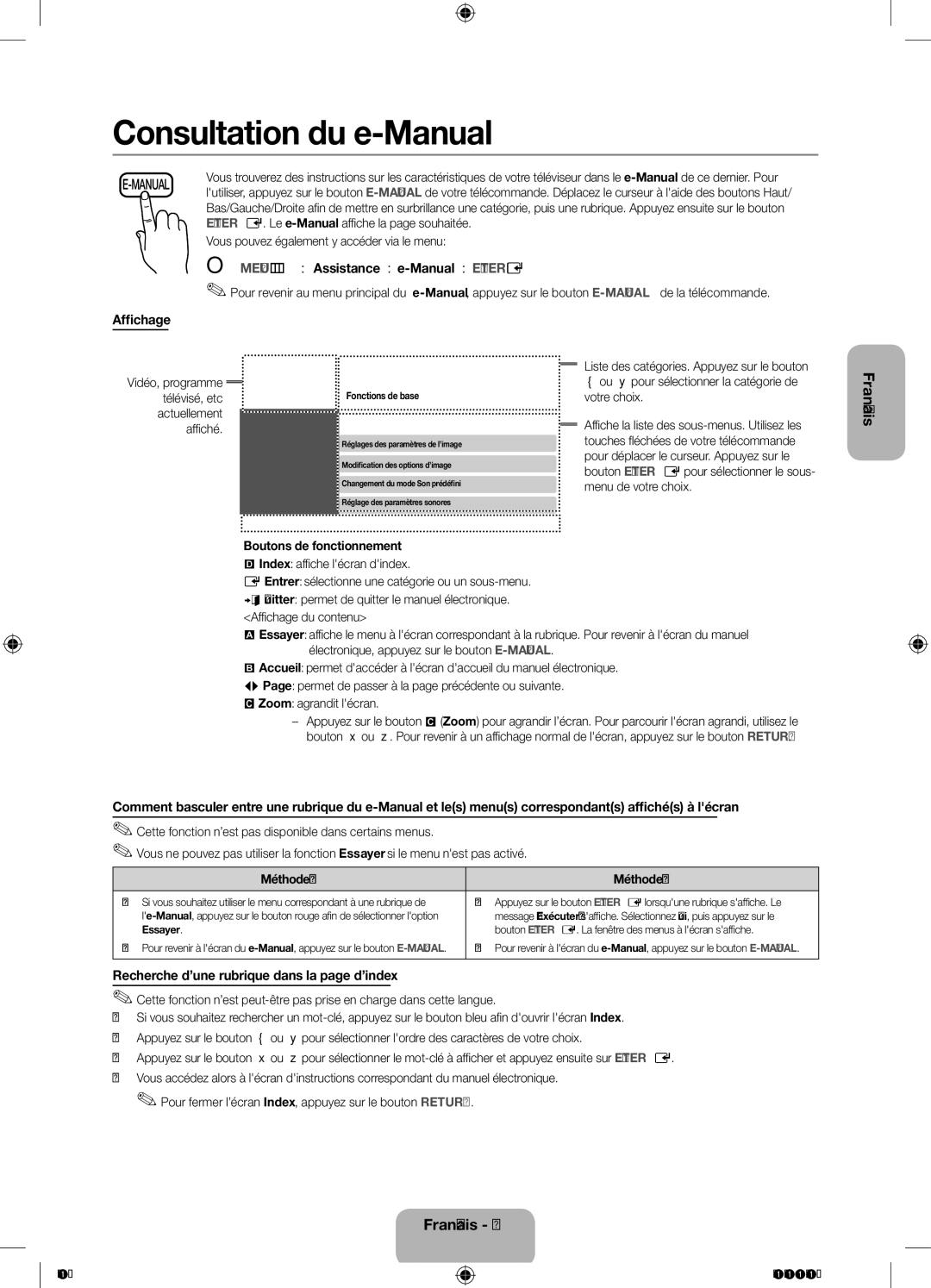 Samsung UE46F5000AWXXH OO MENUm→ Assistance → e-Manual → Entere, Affichage, Recherche d’une rubrique dans la page d’index 