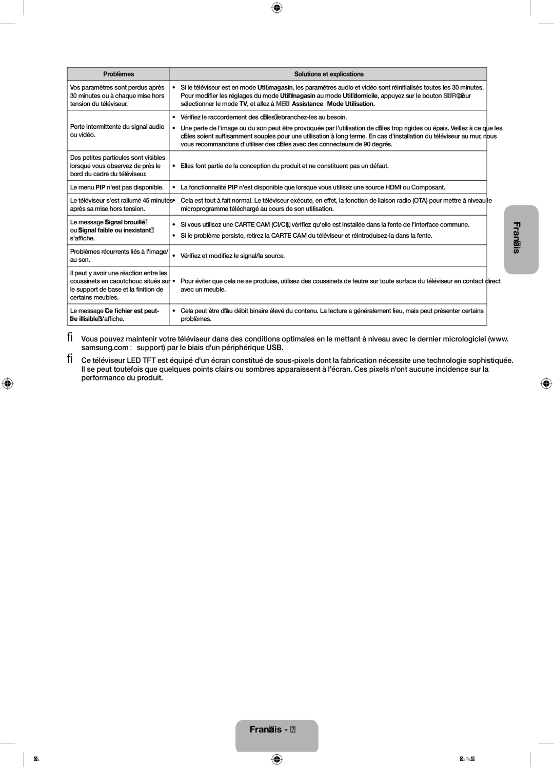 Samsung UE42F5070SSXTK manual Ou vidéo, Bord du cadre du téléviseur, Ou Signal faible ou inexistant, Saffiche, Au son 