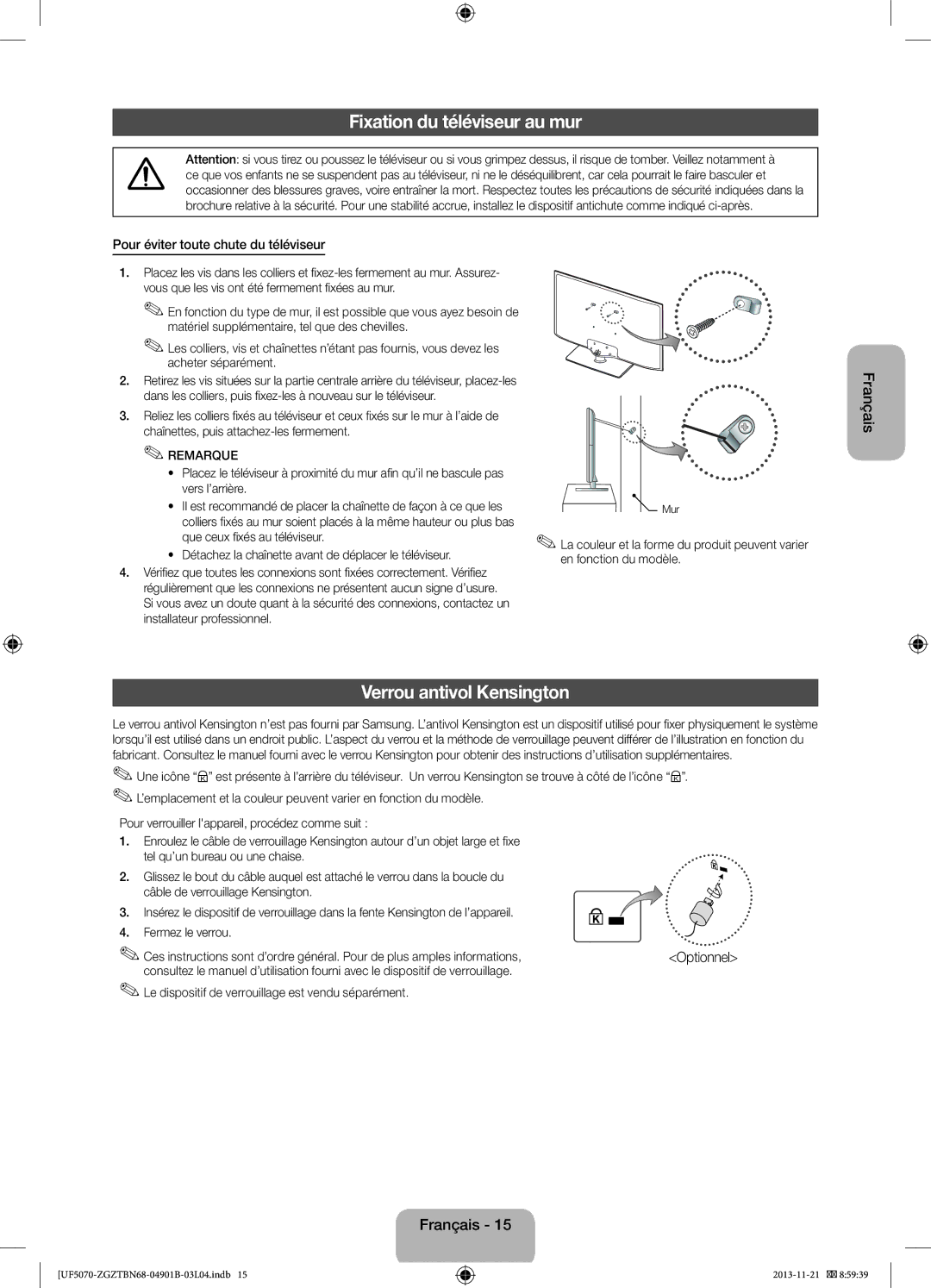 Samsung UE46F5000AWXZG Fixation du téléviseur au mur, Verrou antivol Kensington, Pour éviter toute chute du téléviseur 