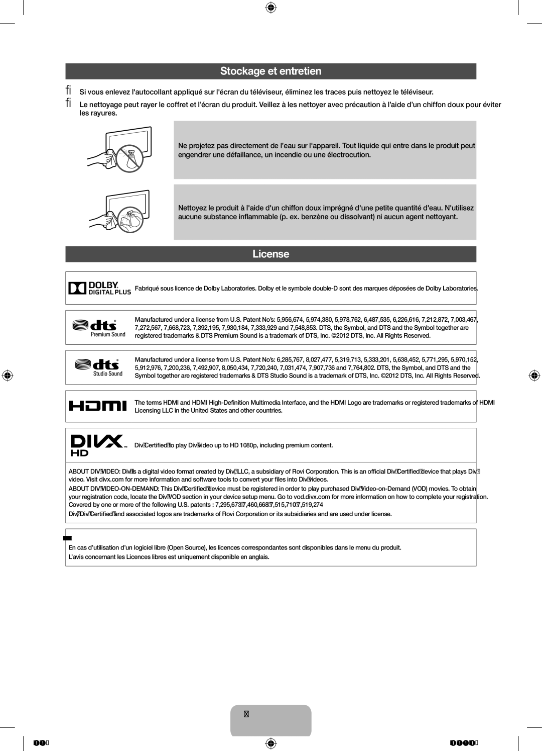 Samsung UE32F5070SSXTK, UE46F5000AWXXH, UE46F5070SSXZG, UE46F5070SSXTK, UE42F5070SSXZG manual Stockage et entretien, License 