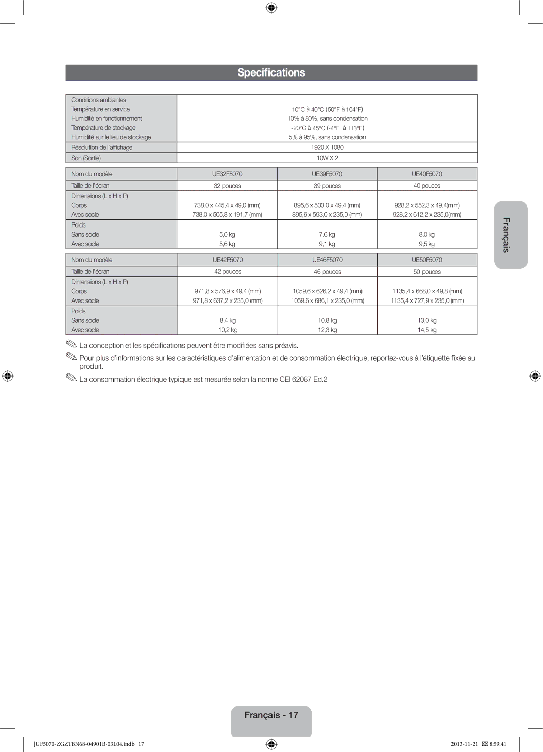 Samsung UE32F5070SSXZG Conditions ambiantes Température en service, Humidité en fonctionnement, Température de stockage 