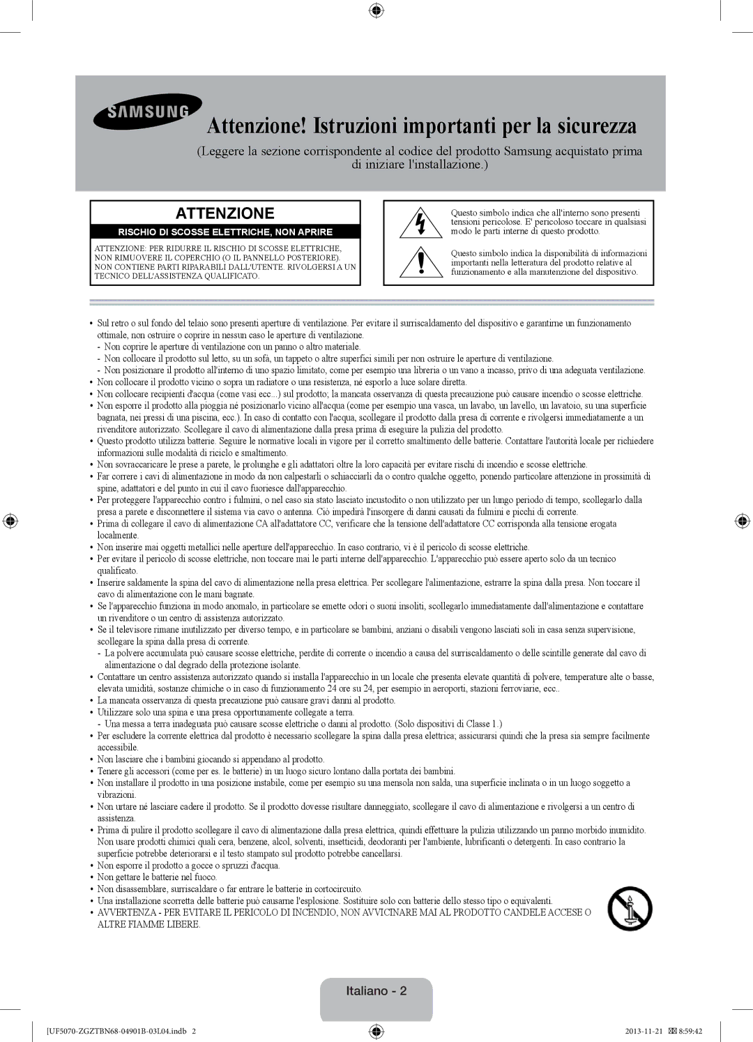 Samsung UE46F5000AWXZF, UE46F5000AWXXH, UE46F5070SSXZG, UE46F5070SSXTK Attenzione! Istruzioni importanti per la sicurezza 