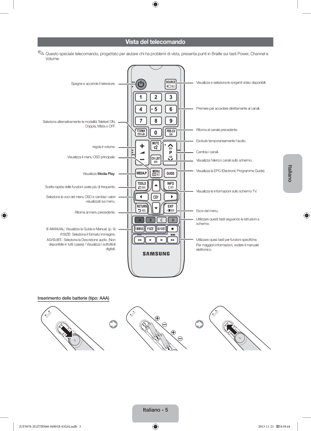 Samsung UE46F5000AWXBT, UE46F5000AWXXH, UE46F5070SSXZG manual Vista del telecomando, Inserimento delle batterie tipo AAA 