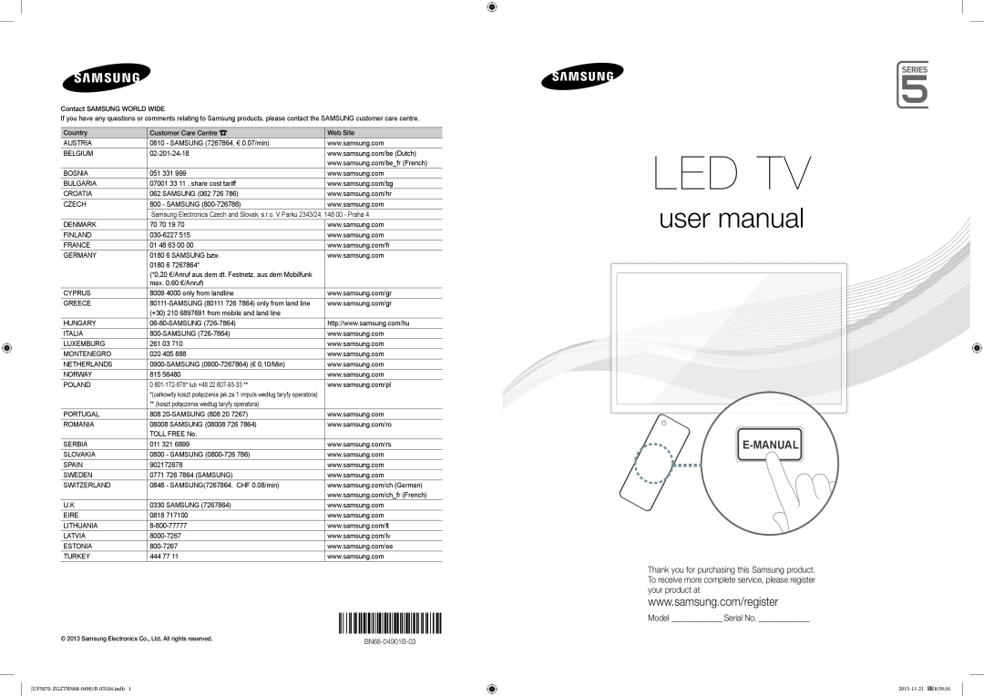 Samsung UE46F5070SSXZG, UE46F5000AWXXH, UE46F5070SSXTK, UE40F5000AWXXH, UE42F5000AWXXC manual E-Manual, Model Serial No 