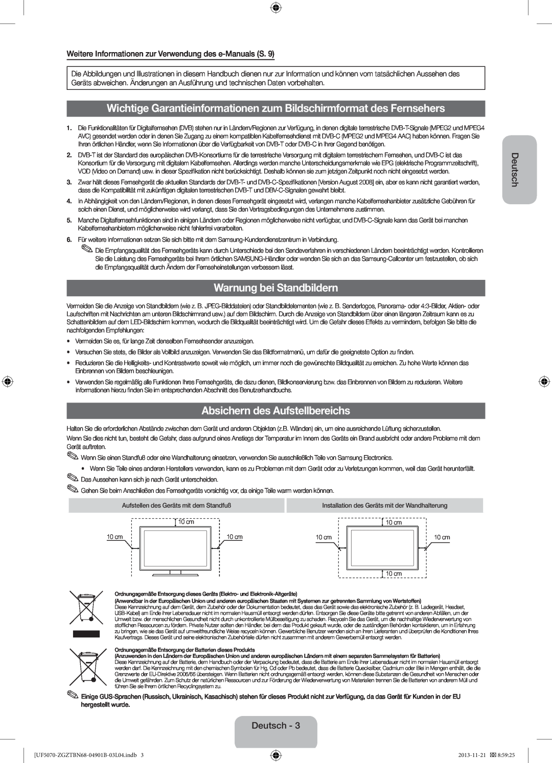 Samsung UE46F5000AWXZG manual Wichtige Garantieinformationen zum Bildschirmformat des Fernsehers, Warnung bei Standbildern 