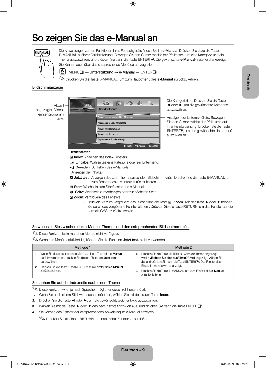 Samsung UE42F5070SSXXH manual So zeigen Sie das e-Manual an, OO MENUm→ Unterstützung → e-Manual → ENTERE, Bildschirmanzeige 