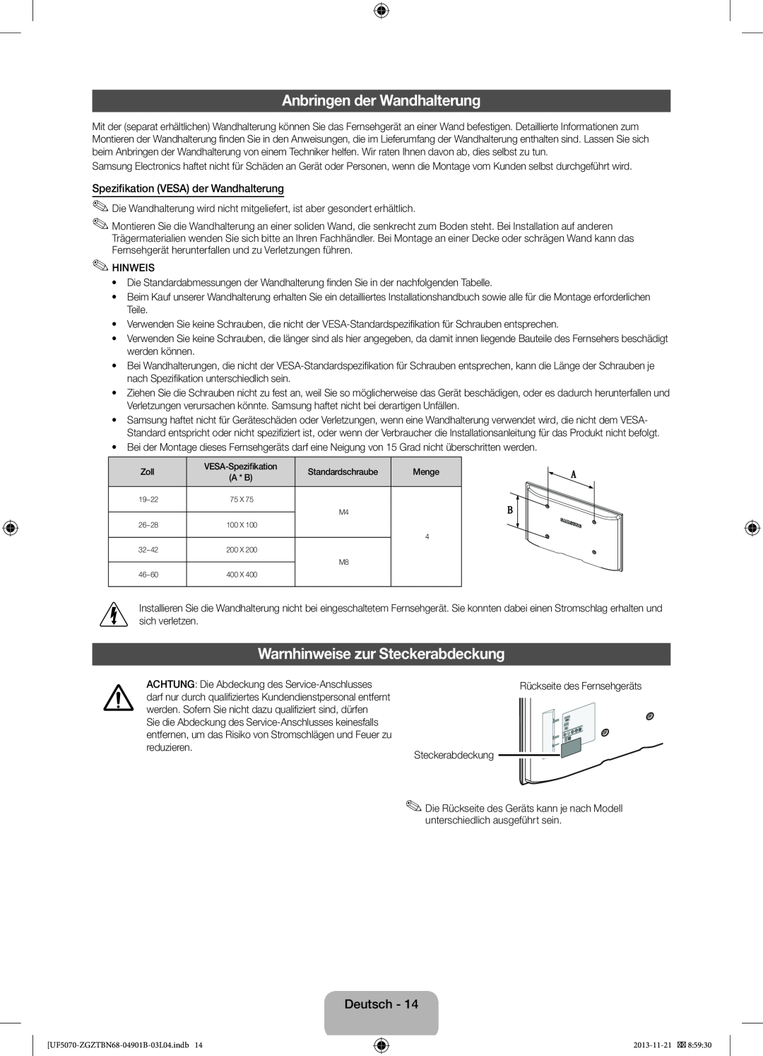 Samsung UE46F5070SSXTK, UE46F5000AWXXH manual Anbringen der Wandhalterung, Warnhinweise zur Steckerabdeckung, Deutsch 