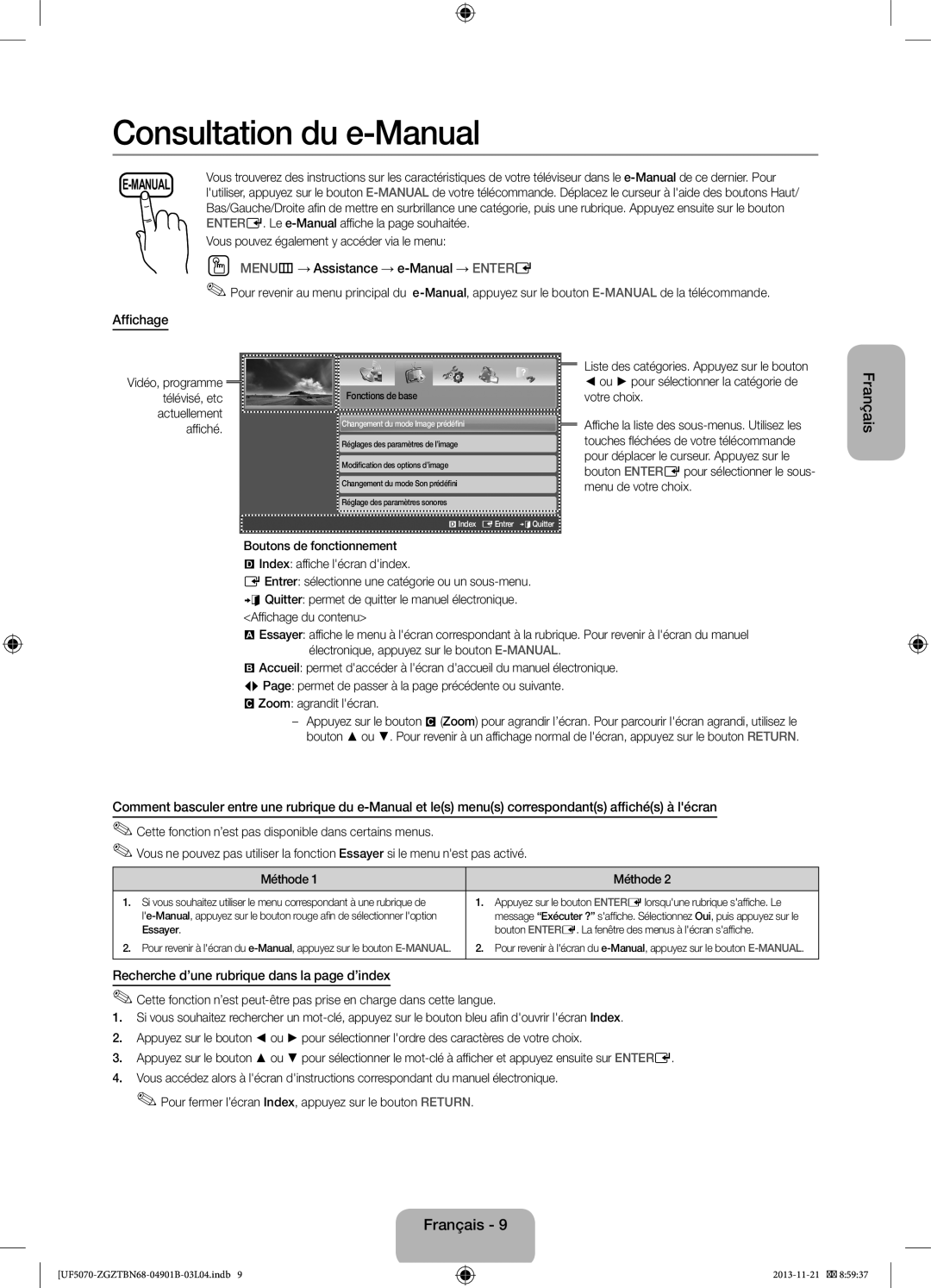 Samsung UE46F5000AWXXH Consultation du e-Manual, OO MENUm→ Assistance → e-Manual → ENTERE, Affichage, Français, E-Manual 