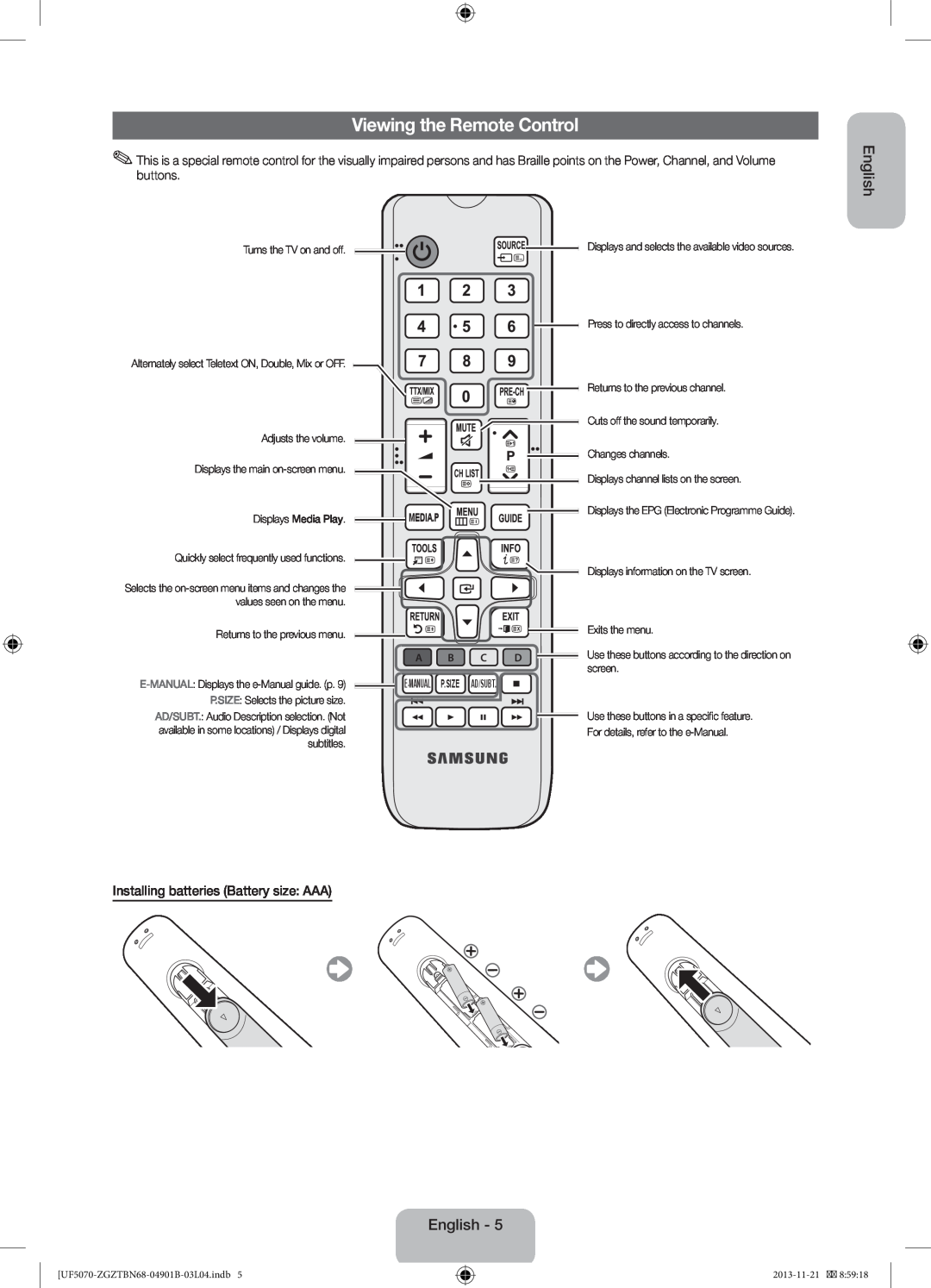 Samsung UE39F5070SSXZG, UE46F5000AWXXH manual Viewing the Remote Control, Installing batteries Battery size AAA, English 