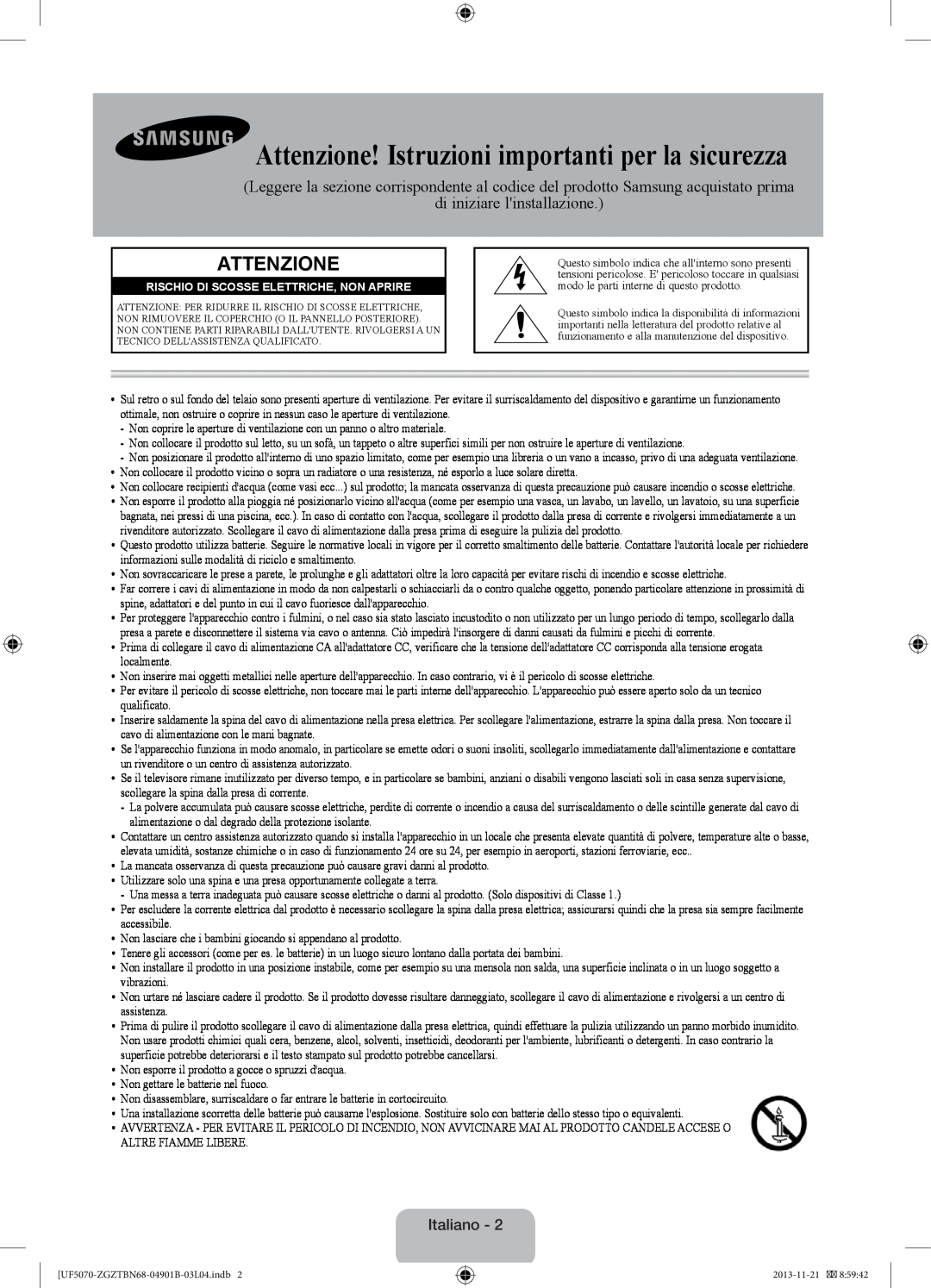 Samsung UE46F5000AWXZF manual Attenzione! Istruzioni importanti per la sicurezza, di iniziare linstallazione, Italiano 