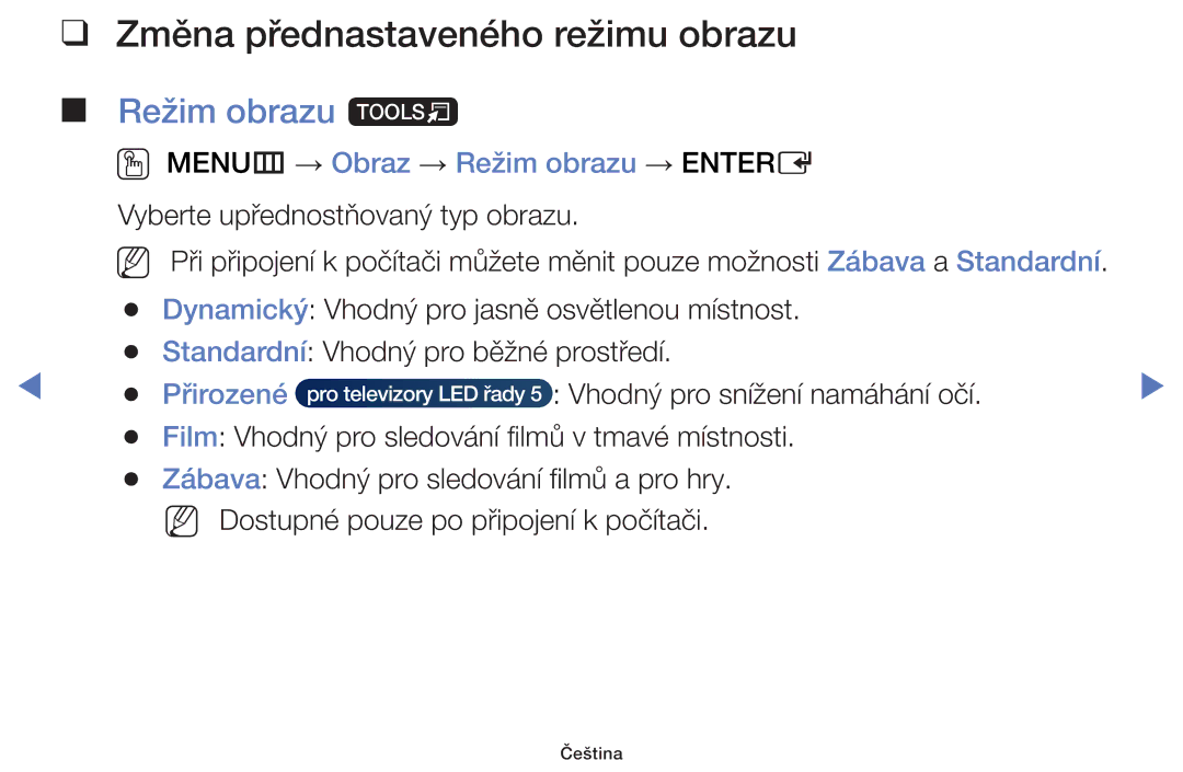 Samsung UE42F5070SSXZG manual Změna přednastaveného režimu obrazu, Režim obrazu t, OO MENUm → Obraz → Režim obrazu → Entere 