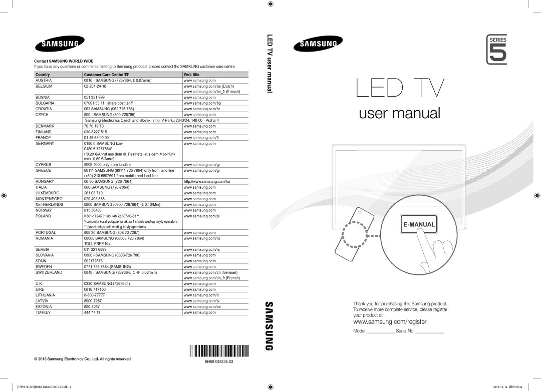 Samsung UE40F5370SSXZH, UE46F5370SSXZH manual 20 €/Anruf aus dem dt. Festnetz, aus dem Mobilfunk, BN68-04824E-03 