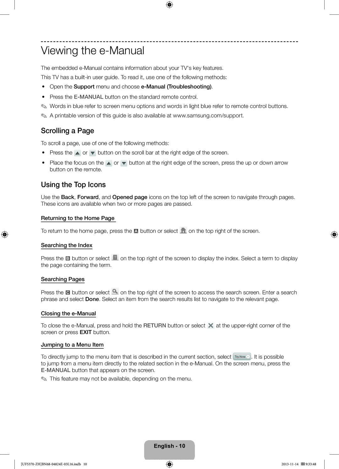 Samsung UE46F5370SSXZH, UE40F5370SSXZH manual Viewing the e-Manual, Scrolling a, Using the Top Icons, Button on the remote 