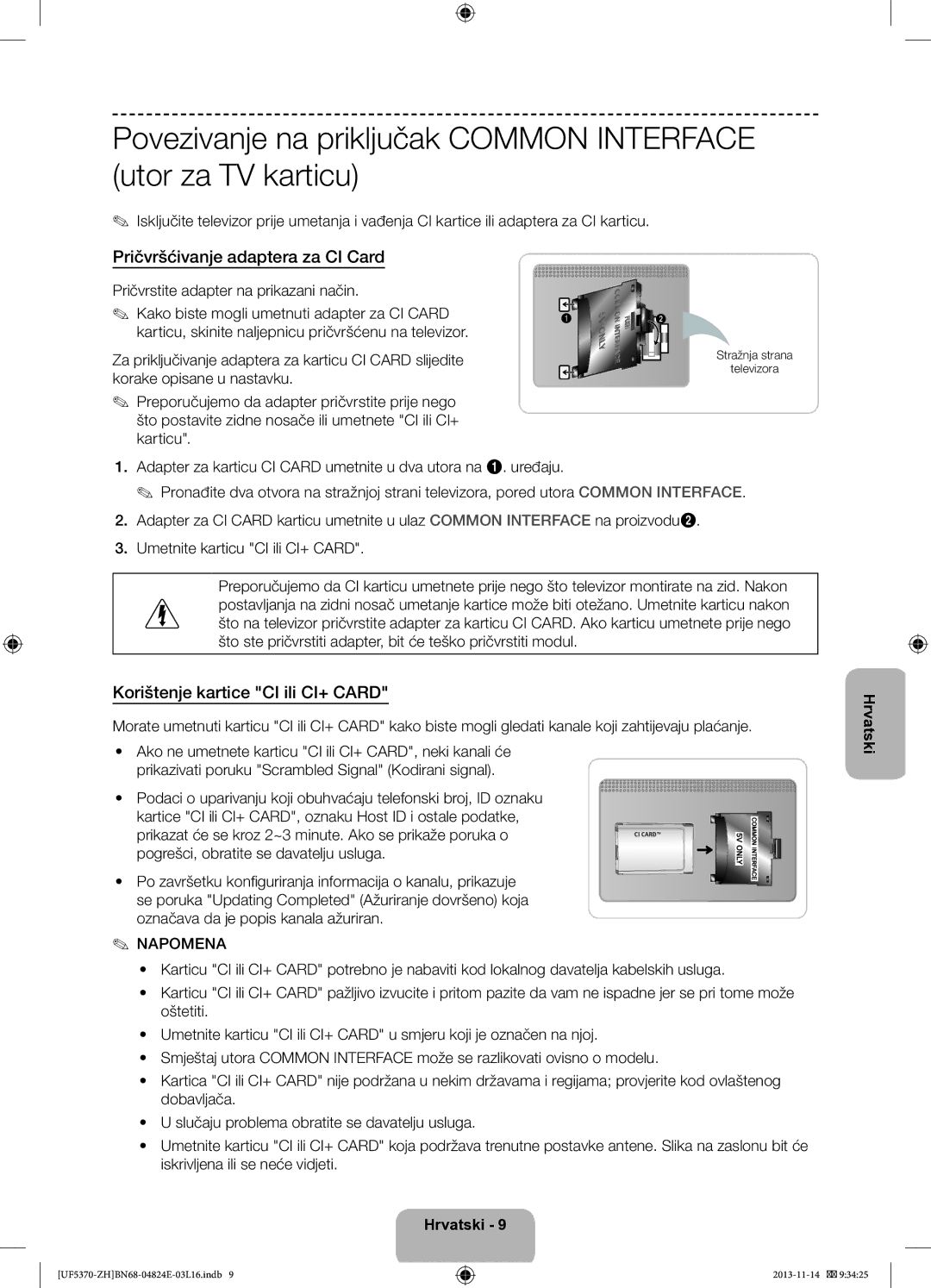 Samsung UE40F5370SSXZH Pričvršćivanje adaptera za CI Card, Korištenje kartice CI ili CI+ Card, Stražnja strana Televizora 