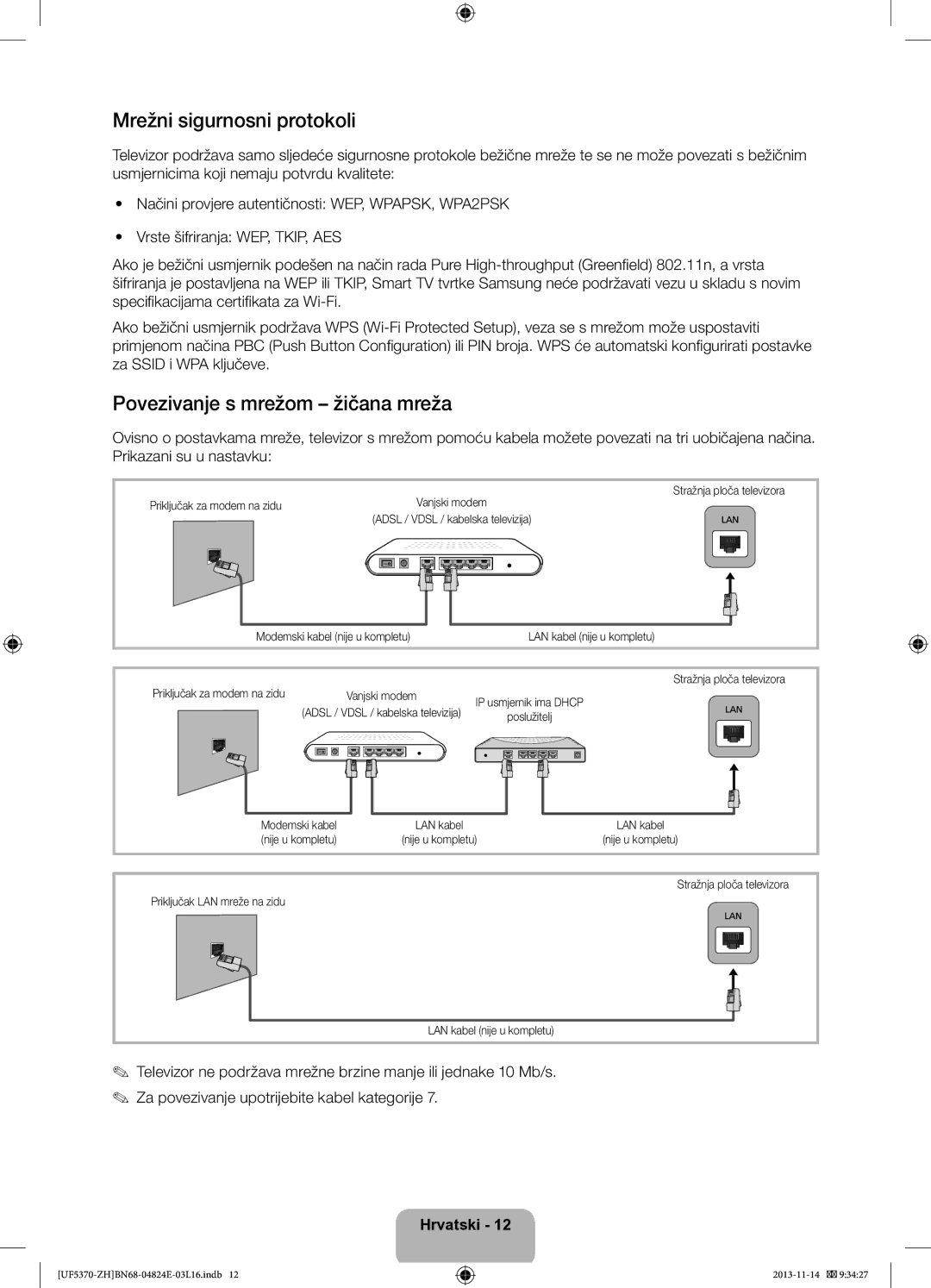 Samsung UE46F5370SSXZH, UE40F5370SSXZH manual Mrežni sigurnosni protokoli, Povezivanje s mrežom žičana mreža, Modemski kabel 