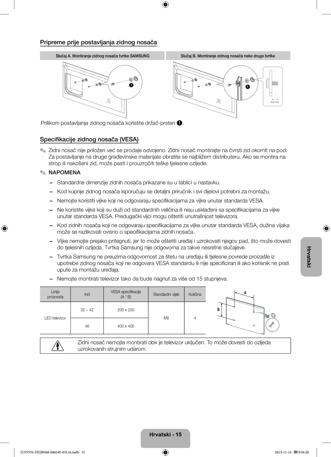 Samsung UE40F5370SSXZH, UE46F5370SSXZH manual Pripreme prije postavljanja zidnog nosača, Specifikacije zidnog nosača Vesa 