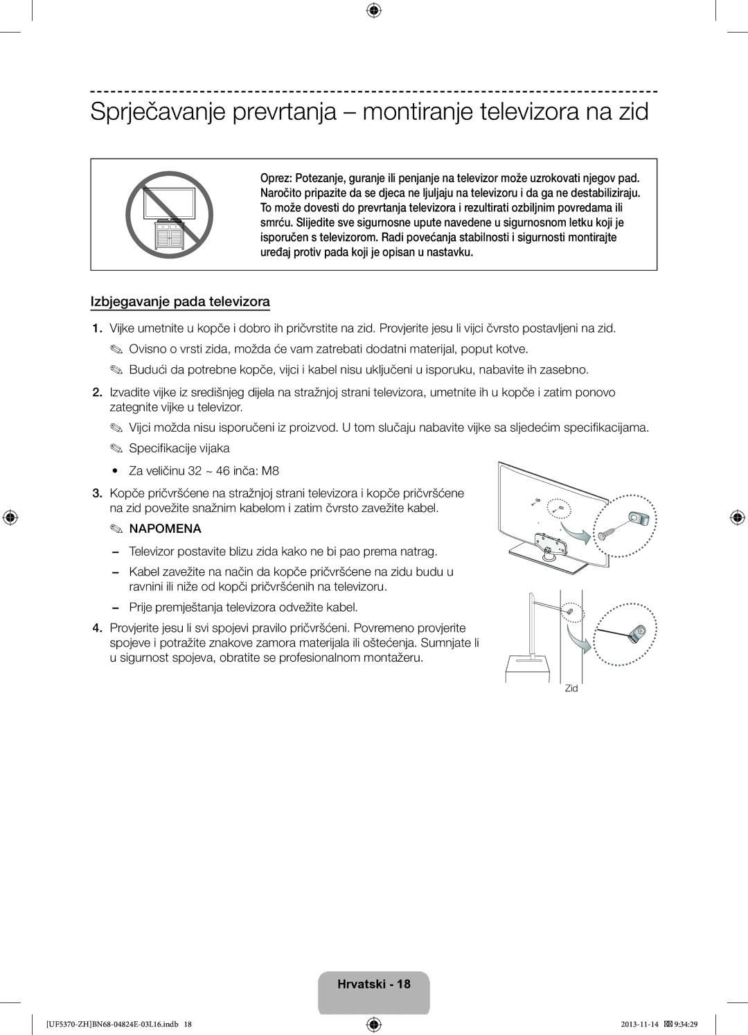 Samsung UE46F5370SSXZH manual Sprječavanje prevrtanja montiranje televizora na zid, Izbjegavanje pada televizora, Zid 