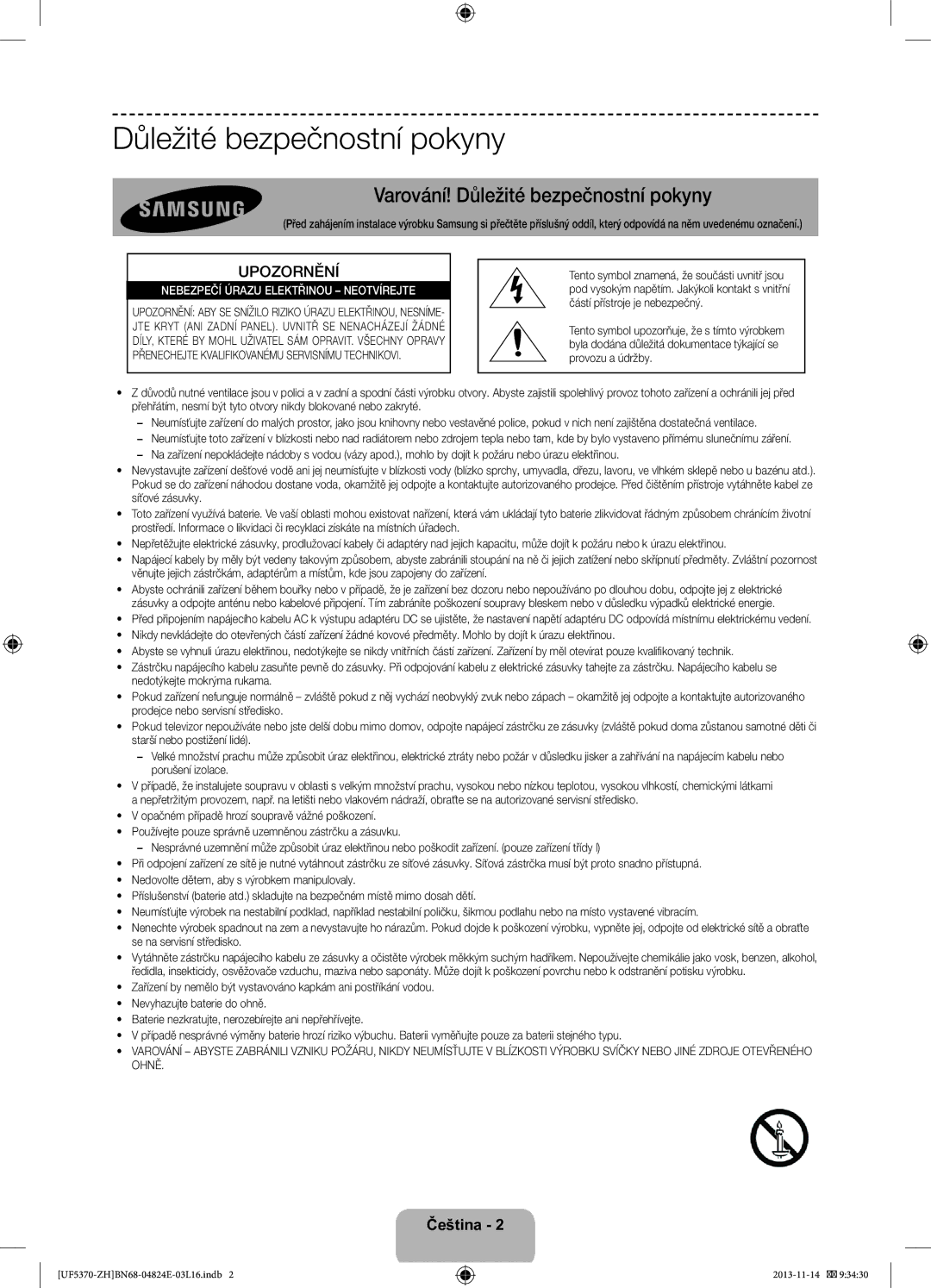 Samsung UE46F5370SSXZH, UE40F5370SSXZH manual Varování! Důležité bezpečnostní pokyny, Upozornění 