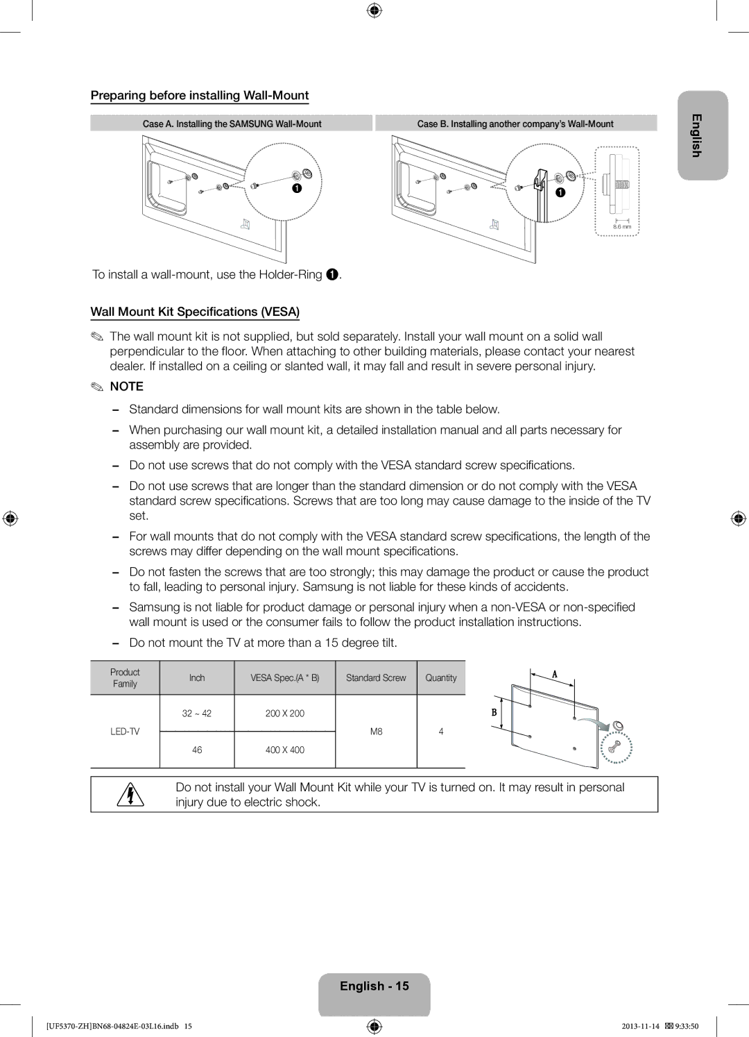 Samsung UE40F5370SSXZH Preparing before installing Wall-Mount, Do not mount the TV at more than a 15 degree tilt, 32 ~ 