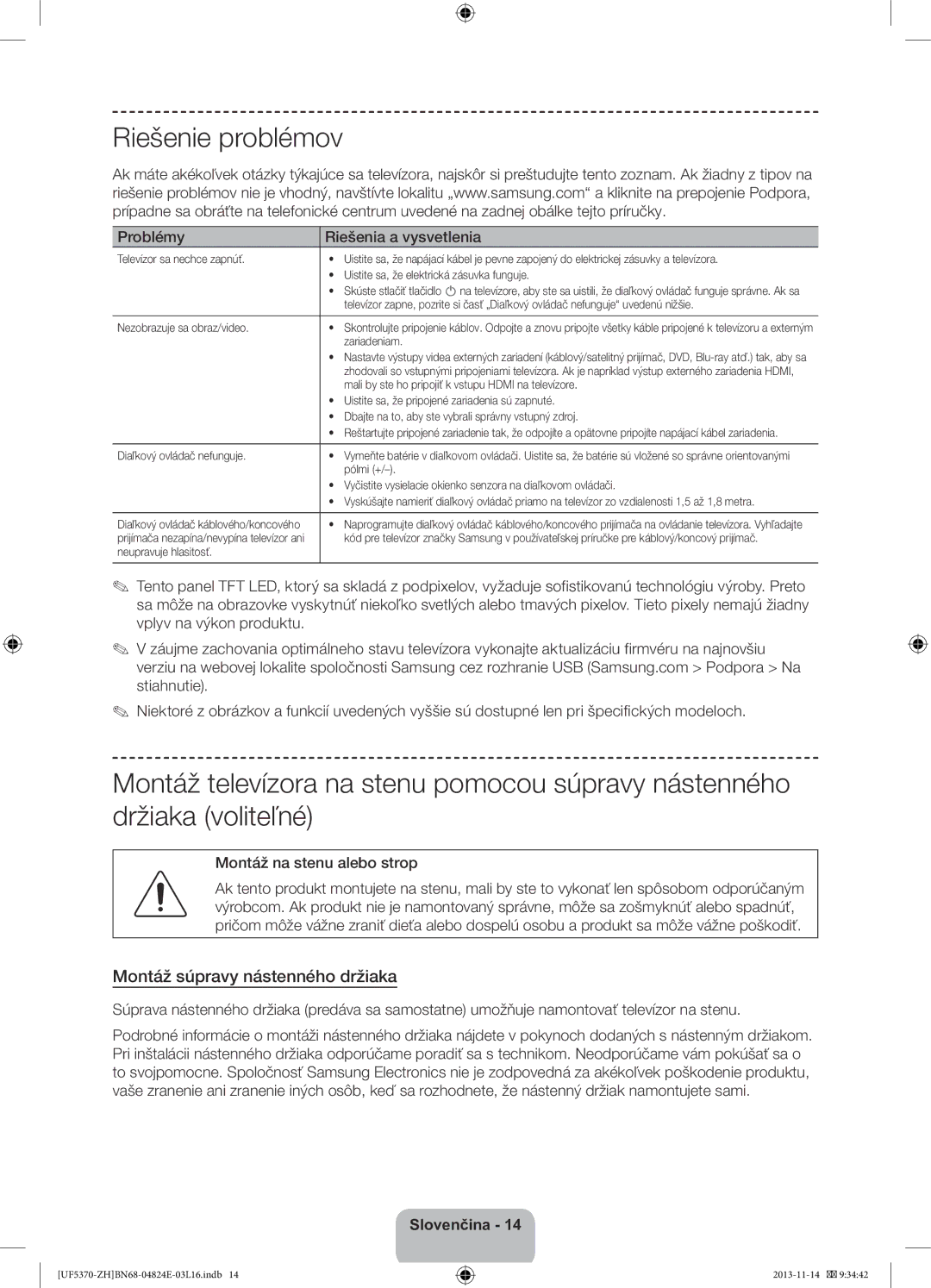 Samsung UE46F5370SSXZH manual Riešenie problémov, Montáž súpravy nástenného držiaka, Problémy Riešenia a vysvetlenia 