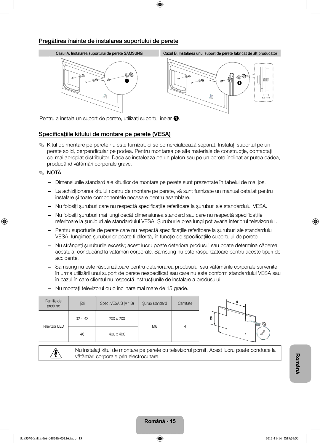 Samsung UE40F5370SSXZH Pregătirea înainte de instalarea suportului de perete, Familie de Ţoli, Şurub standard Cantitate 