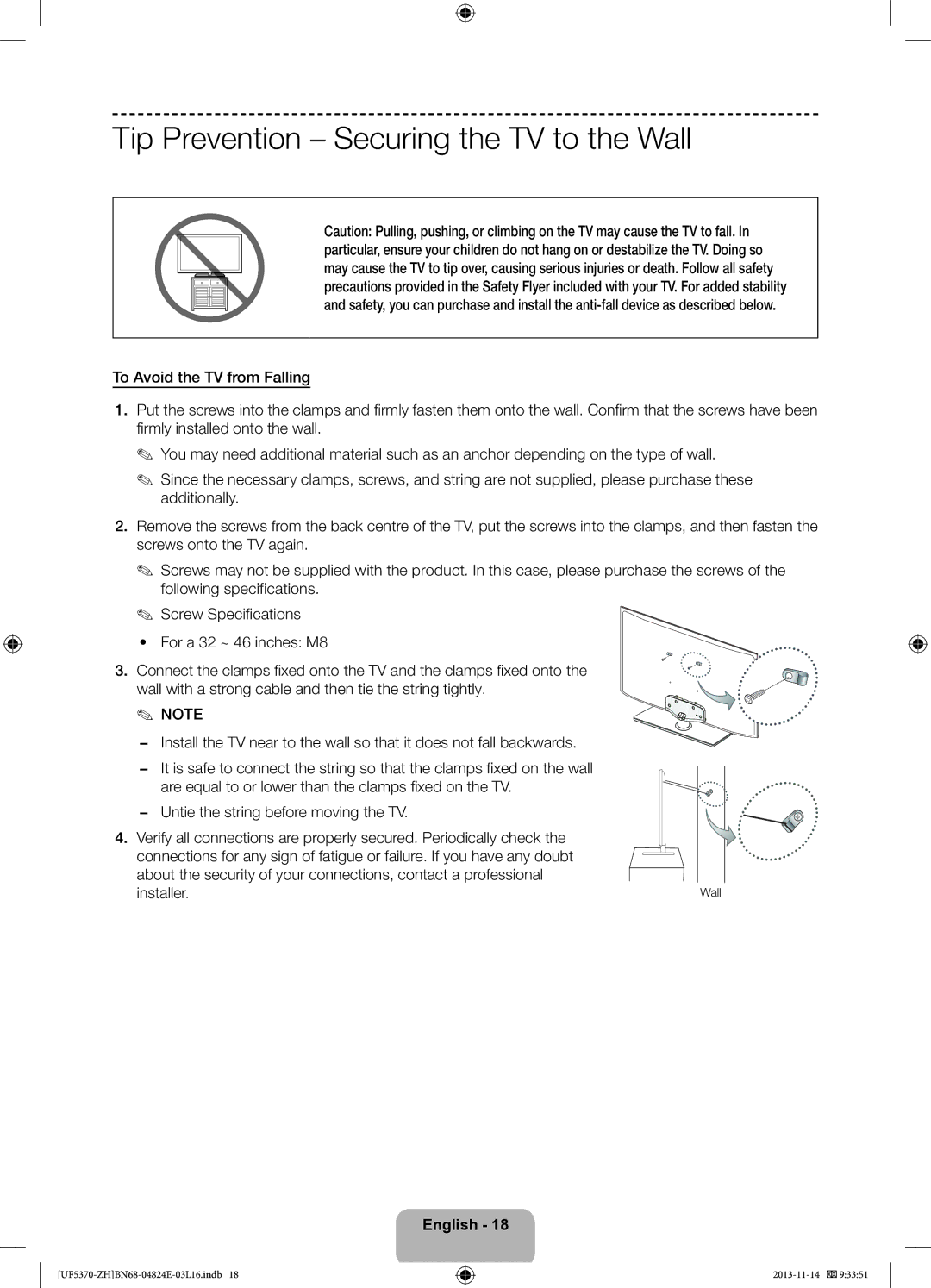 Samsung UE46F5370SSXZH, UE40F5370SSXZH manual Tip Prevention Securing the TV to the Wall 