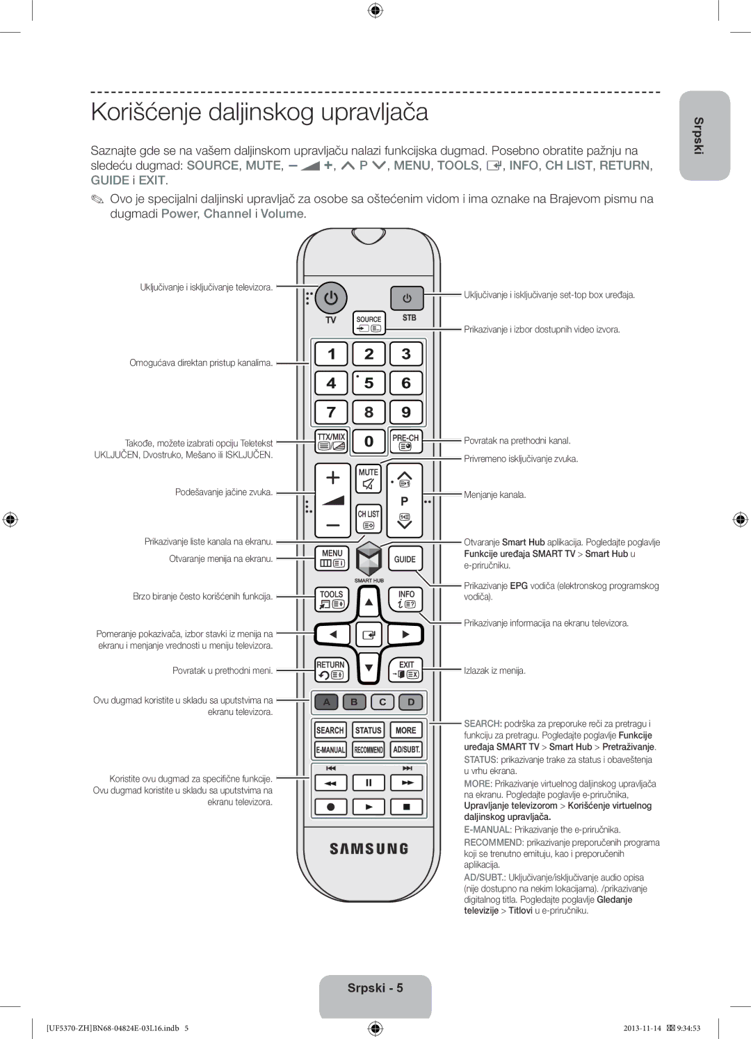 Samsung UE40F5370SSXZH, UE46F5370SSXZH manual Korišćenje daljinskog upravljača 