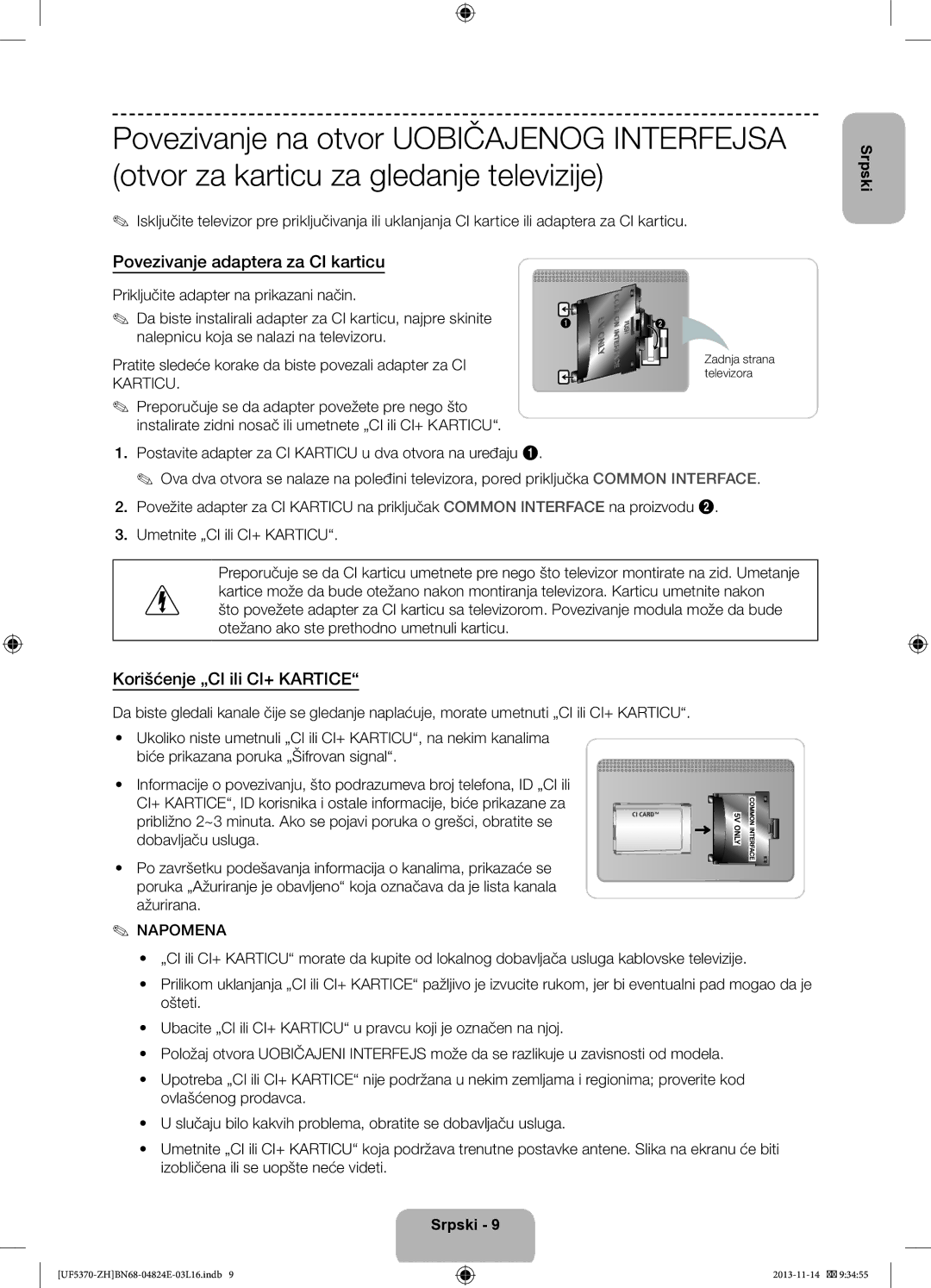 Samsung UE40F5370SSXZH manual Povezivanje adaptera za CI karticu, Korišćenje „CI ili CI+ Kartice, Zadnja strana televizora 