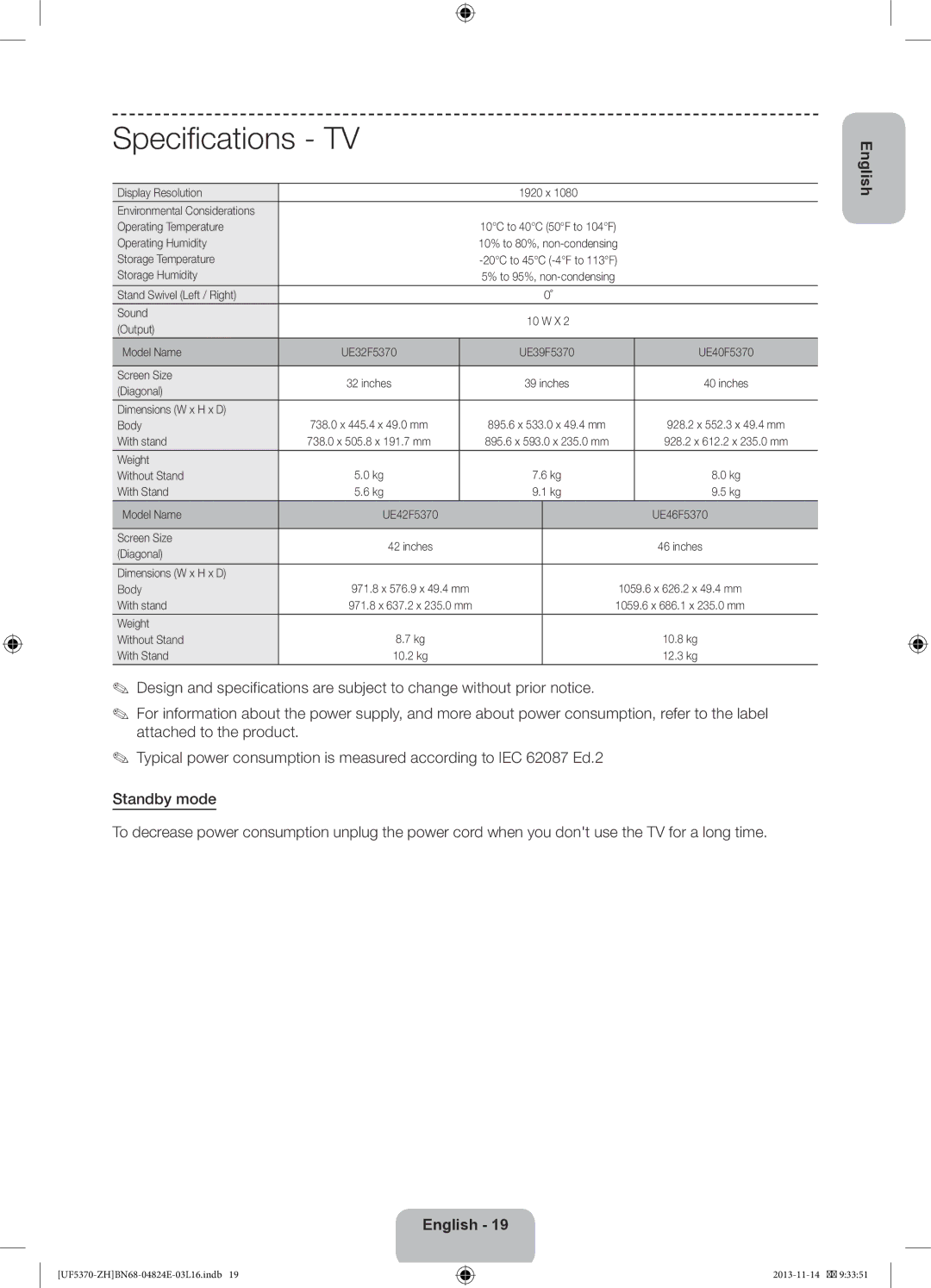 Samsung UE40F5370SSXZH, UE46F5370SSXZH manual Specifications TV 