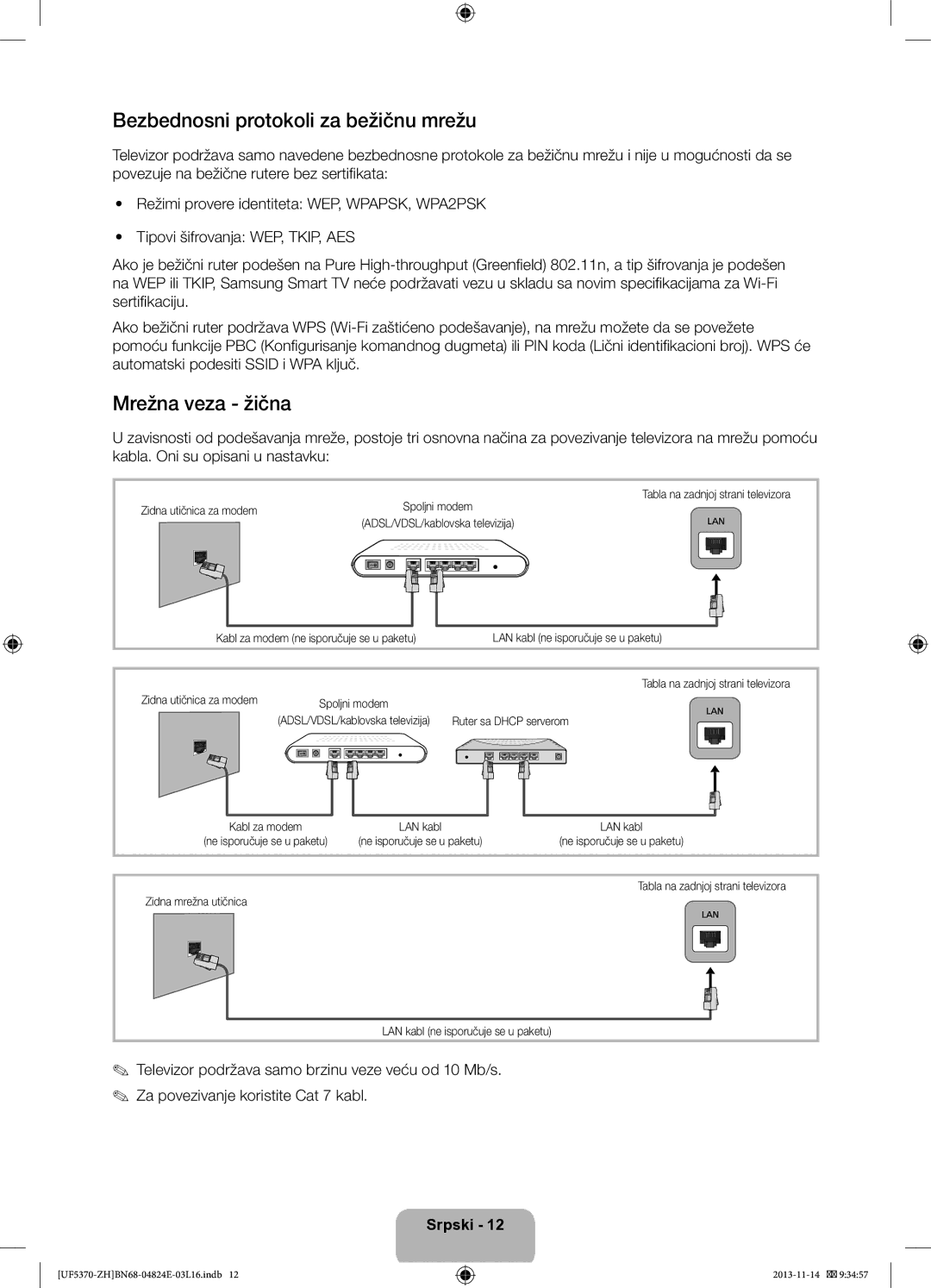 Samsung UE46F5370SSXZH, UE40F5370SSXZH Bezbednosni protokoli za bežičnu mrežu, Mrežna veza žična, Ruter sa Dhcp serverom 