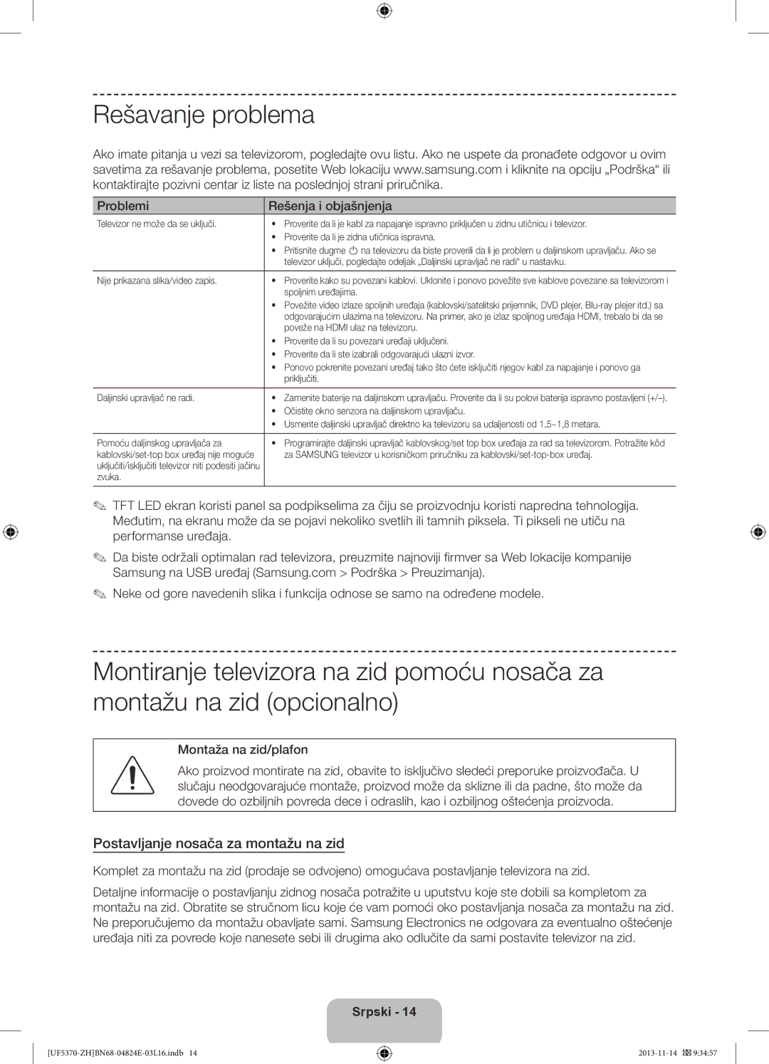 Samsung UE46F5370SSXZH manual Rešavanje problema, Postavljanje nosača za montažu na zid, Problemi Rešenja i objašnjenja 