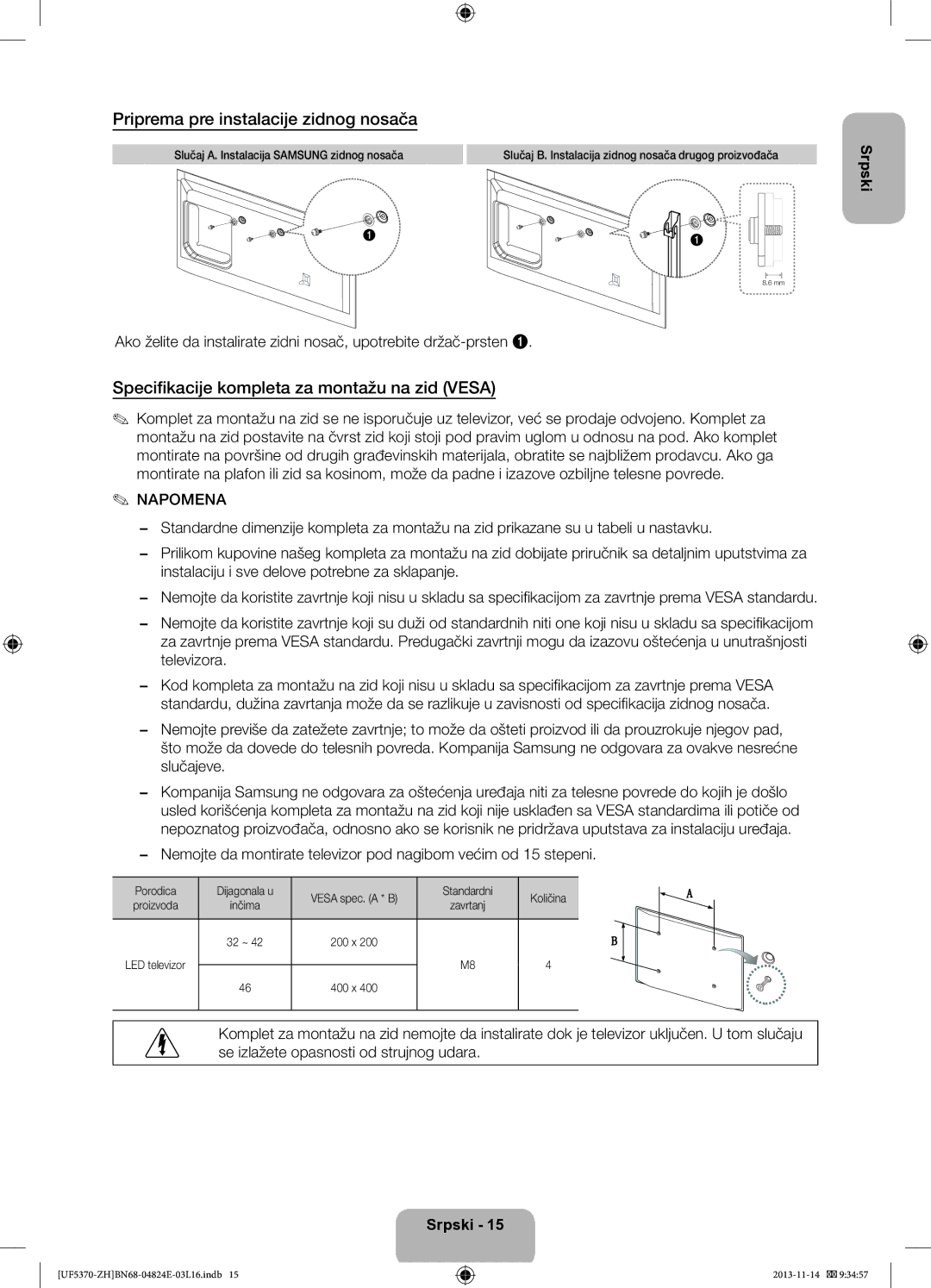 Samsung UE40F5370SSXZH manual Priprema pre instalacije zidnog nosača, Specifikacije kompleta za montažu na zid Vesa 