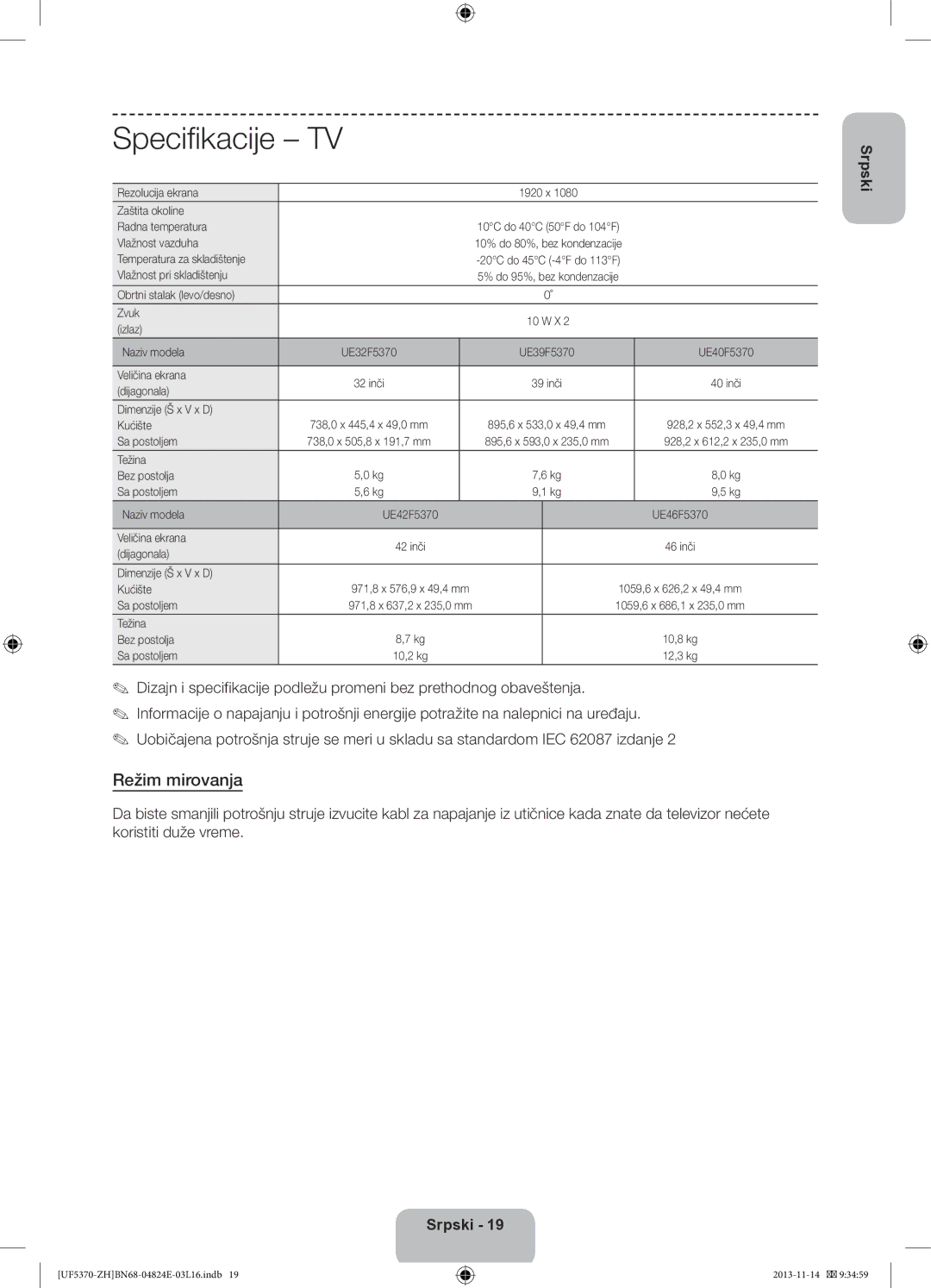 Samsung UE40F5370SSXZH, UE46F5370SSXZH manual Režim mirovanja 