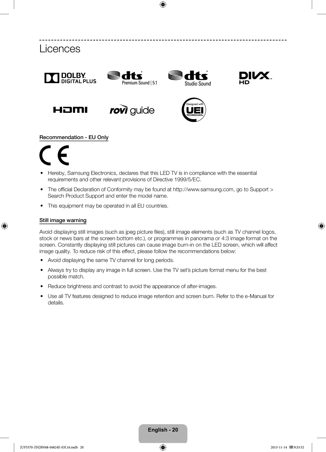 Samsung UE46F5370SSXZH, UE40F5370SSXZH manual Licences 