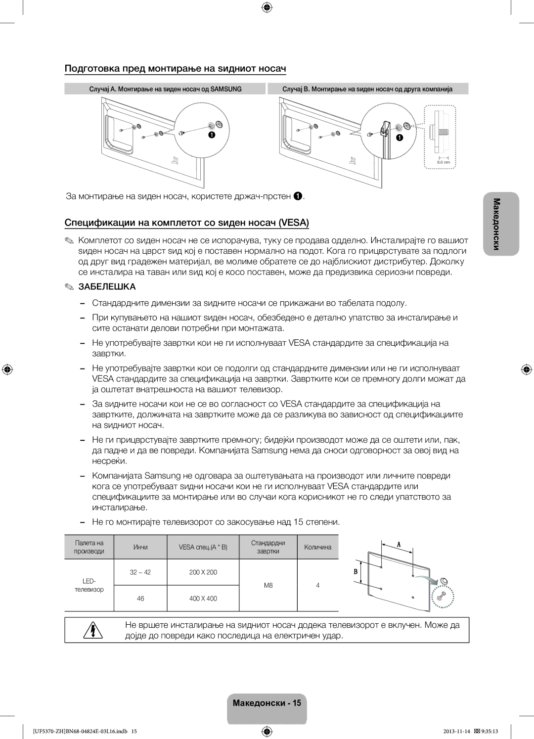 Samsung UE40F5370SSXZH manual Подготовка пред монтирање на ѕидниот носач, Спецификации на комплетот со ѕиден носач Vesa 