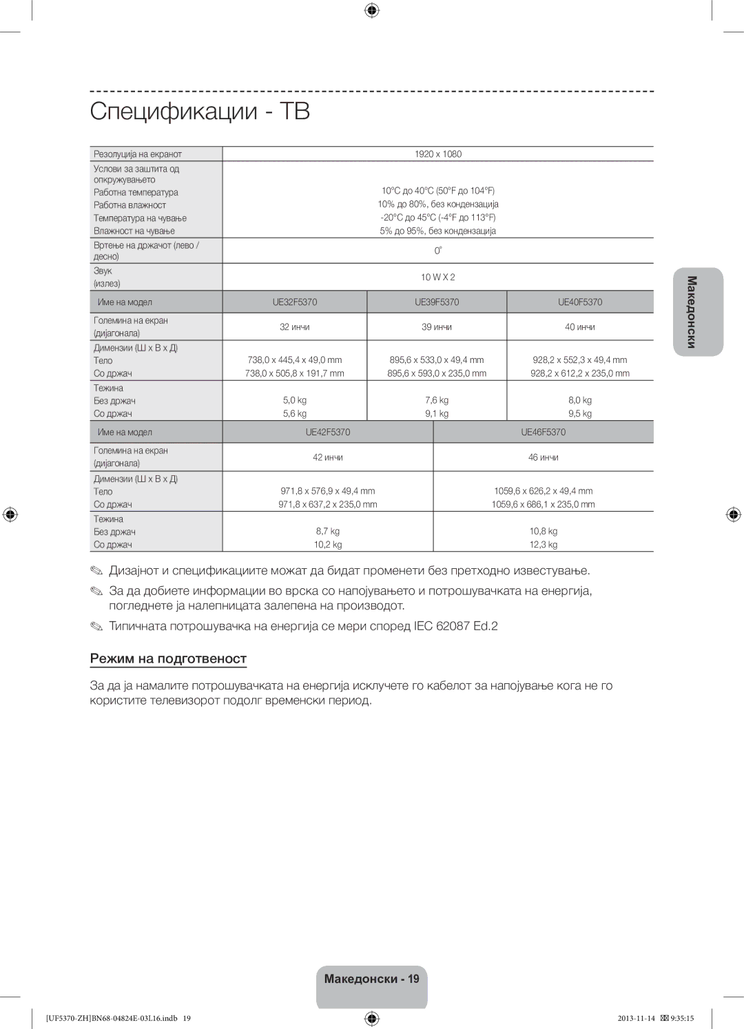 Samsung UE40F5370SSXZH, UE46F5370SSXZH manual Режим на подготвеност 